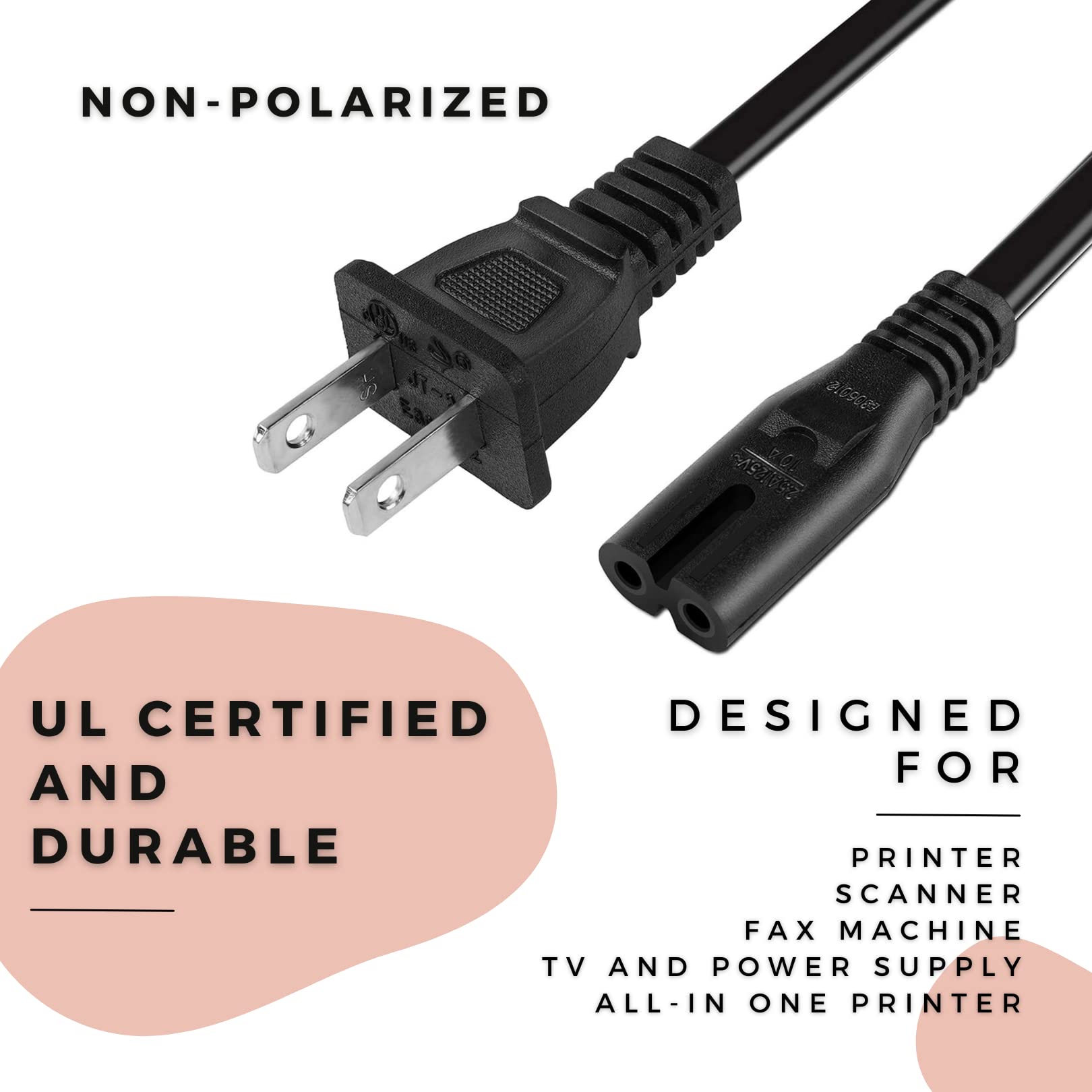 8 Ft 2-Prong Printer Power Cord Cable for HP Neverstop Laser 1001nw Printer 5HG80A#BGJ - Replacement Power Supply Cord for Home & Office Printers