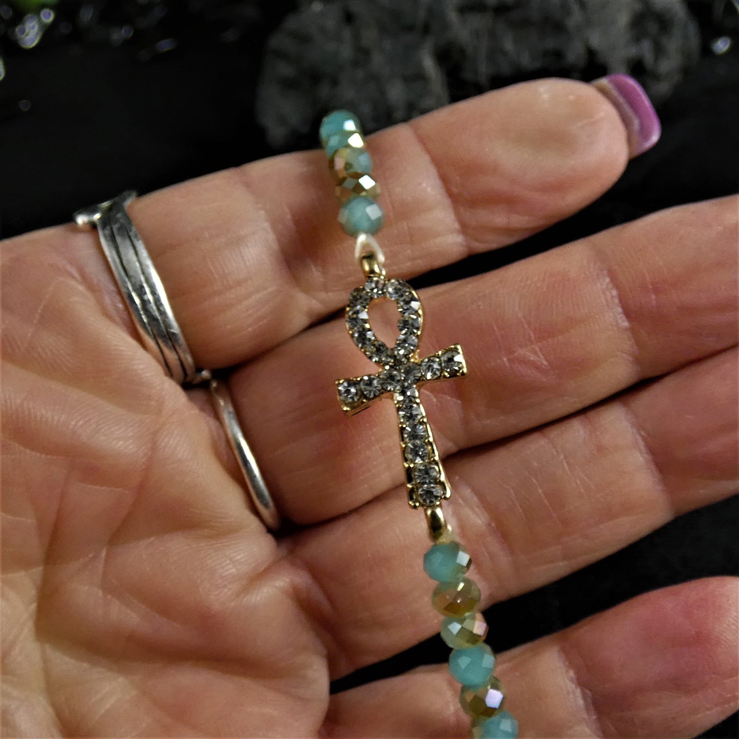 Ankh Crystal Bracelet - Egyptian Cross Pendant Healing Stone Jewelry for Women & Men - Spiritual Protection & Positive Energy - Perfect for Meditation, Yoga & Gift Giving