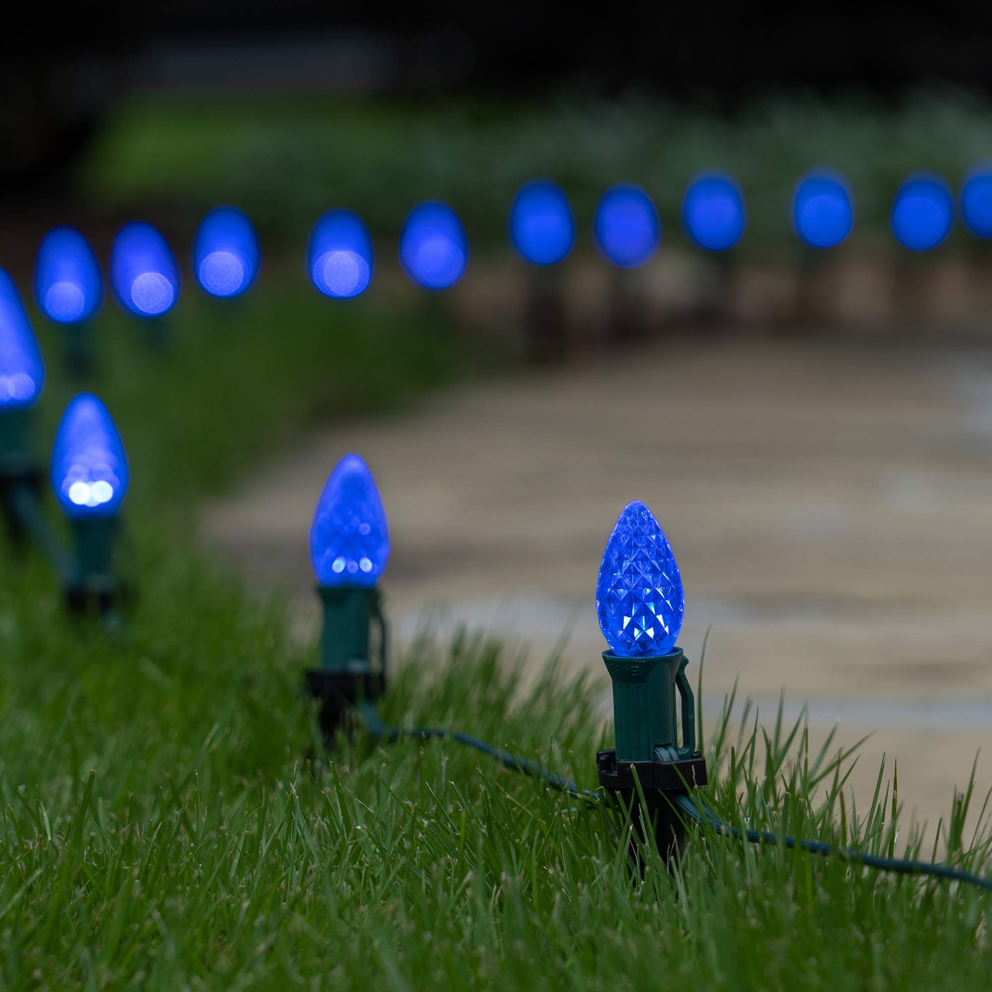 50’ OptiCore LED C7 Blue Christmas Pathway Lights - Outdoor Waterproof Landscape Lighting with 4.5” Stakes & Green Wire - Perfect for Holiday Decorations, Garden Walkways, and Patio Lighting