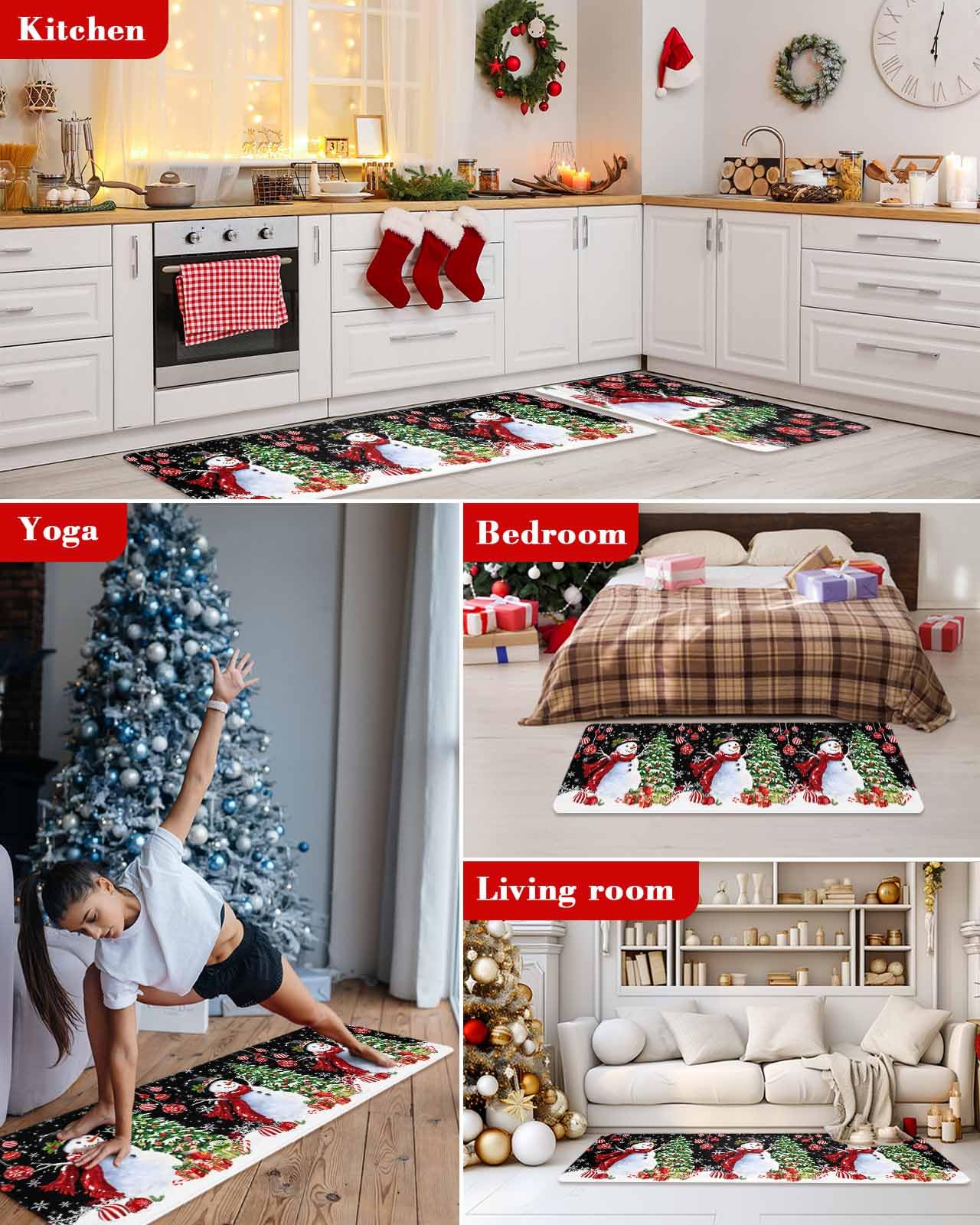 Christmas Snowman Red Balls Kitchen Mat Set of 2 - Cushioned Anti-Fatigue Floor Mats, Waterproof Non-Slip Kitchen Rugs with Black Snowflake Xmas Tree Design - Perfect for Kitchen, Laundry Room & Holiday Decor