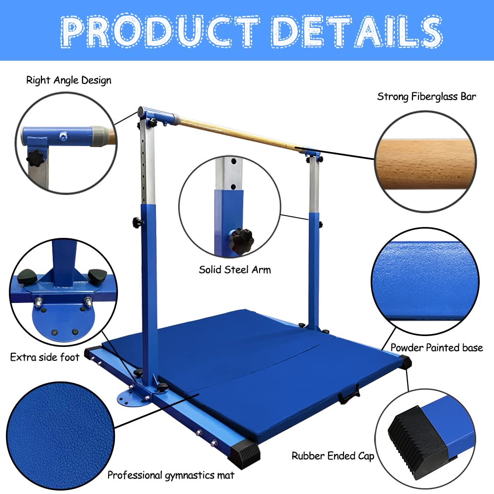 Adjustable Gymnastics Kip Bar with Mat for Home & Indoor Training - Kids Horizontal Bar for Girls & Juniors (3'-5' Height, 300lb Capacity) - Perfect for Home Gyms, Backyard Practice & Youth Training
