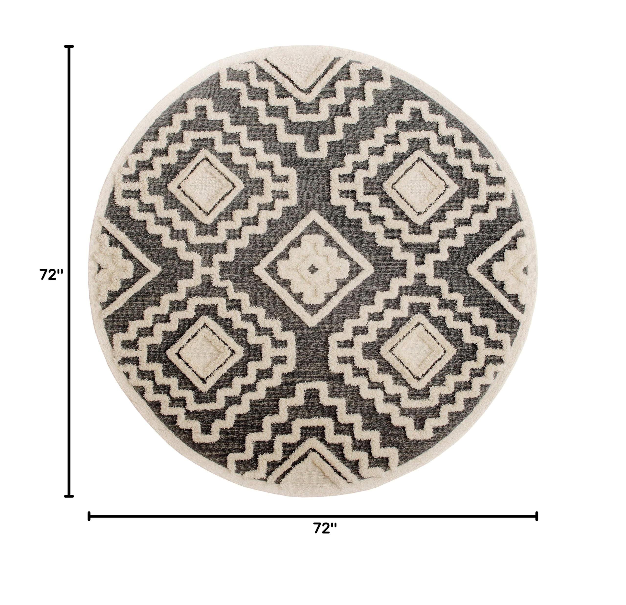 LR Home 6ft Round Indoor Natural Wool Area Rug - Hand Tufted Modern Farmhouse Boho Carpet for Bedroom, Living Room, Office, Entryway | Gray/Cream Home Decor Rug | Perfect for Cozy Spaces, Boho Chic Interiors & Farmhouse Style Rooms
