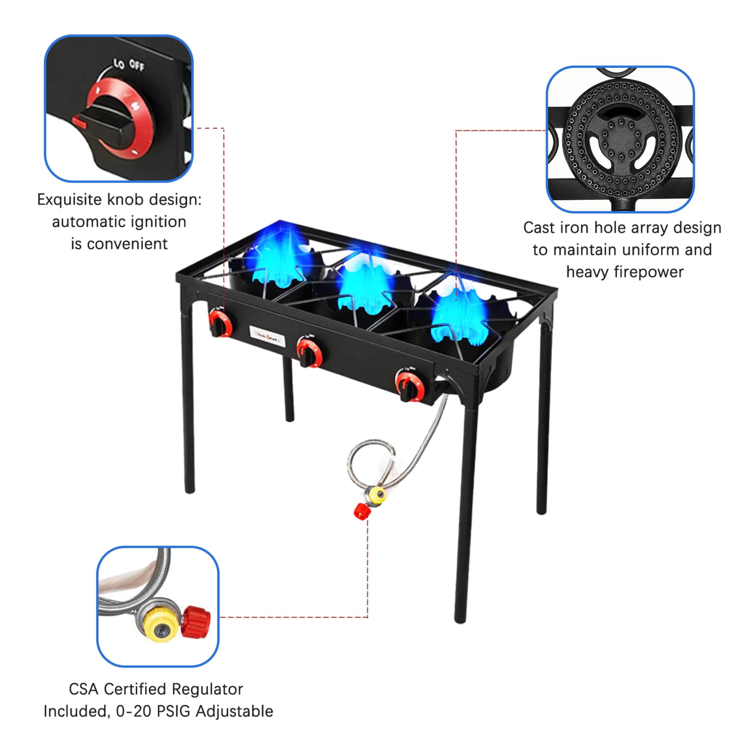 Vivicreate 3 Burner High Pressure Propane Stove - 28 Inch Tall Camping Stove with Cast Iron Burner, 105000 BTU Powerful Outdoor Gas Stove - Stable Legs for Camping, Backpacking, Picnics & Tailgating