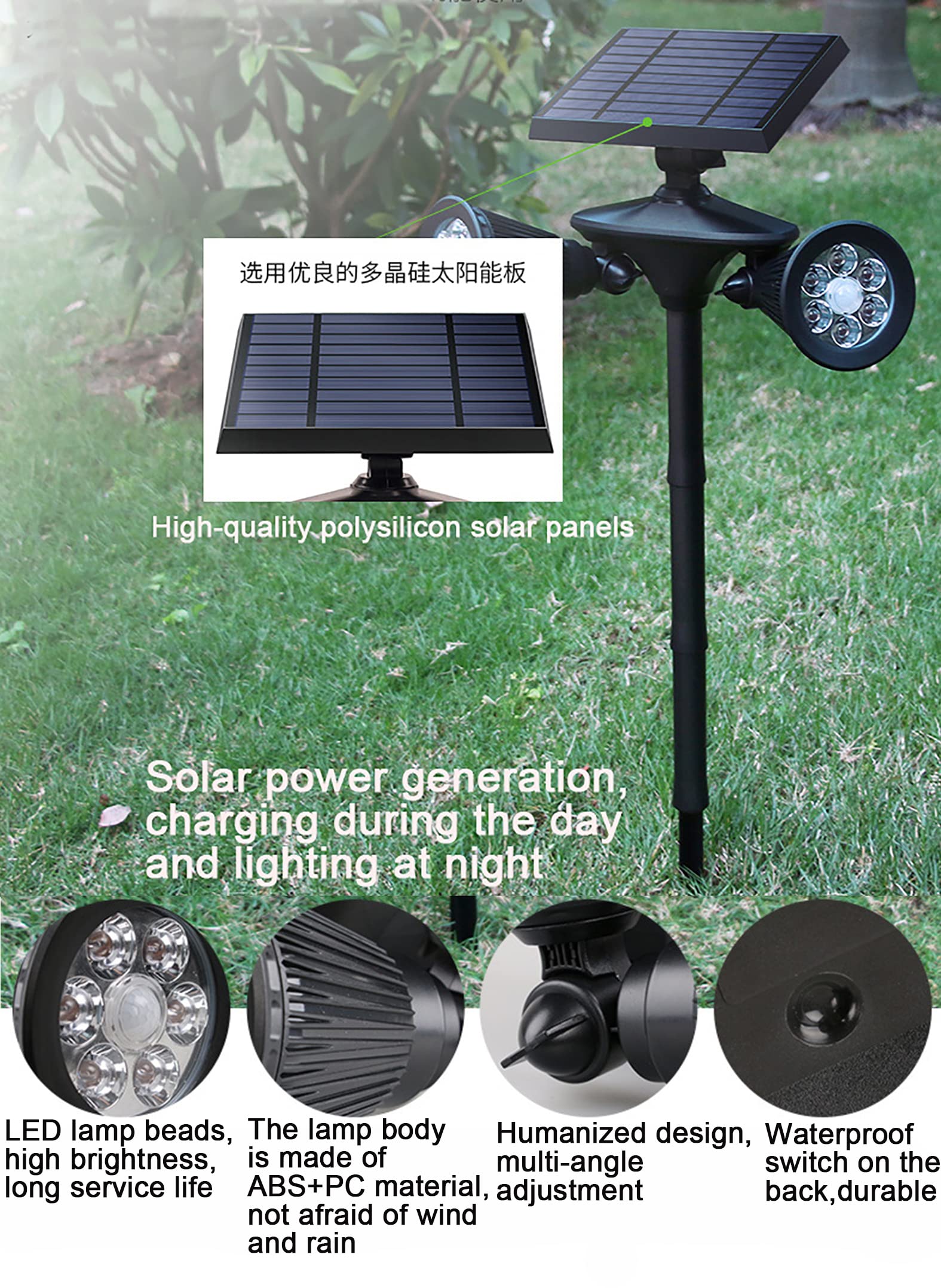 Solar Powered LED Outdoor Motion Sensor Wall Light - Dual Head Security Spotlight for Garden, Lawn, Pathway & Home Exterior Lighting