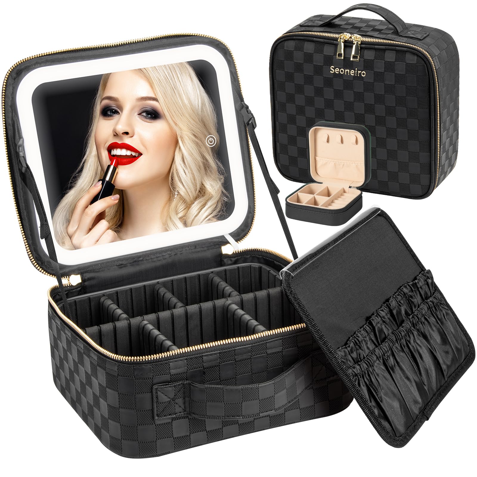 Portable LED Lighted Makeup Travel Bag with Adjustable Brightness & Dividers - Waterproof Cosmetic Organizer Case for Brushes & Tools - Perfect for Travel, Salon, Home & Professional Makeup Artists