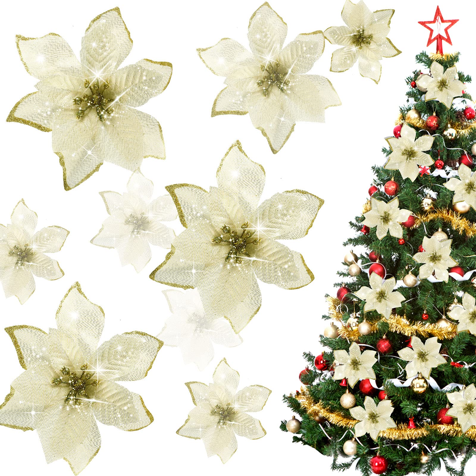 Gold Glitter Christmas Tree Ornaments - 40 Pack Artificial Poinsettia Flowers for Holiday Decor, Wedding Centerpieces & Wreath Decorations | Perfect for Xmas Tree, Mantel & Festive Home Decor