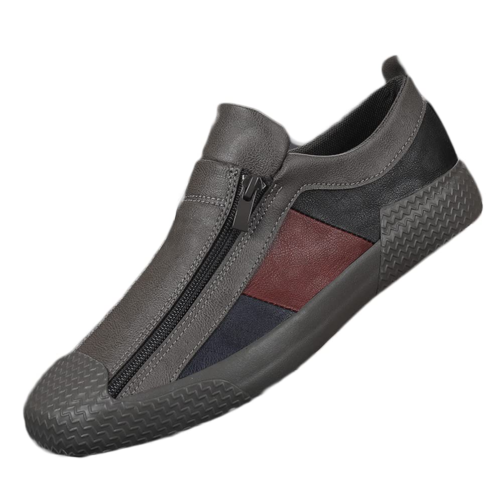 Recyphi Men's Casual Leather Slip-On Sneakers with Zipper - Comfortable Low Top Driving Shoes for Autumn | Perfect for Daily Wear, Travel & Outdoor Activities