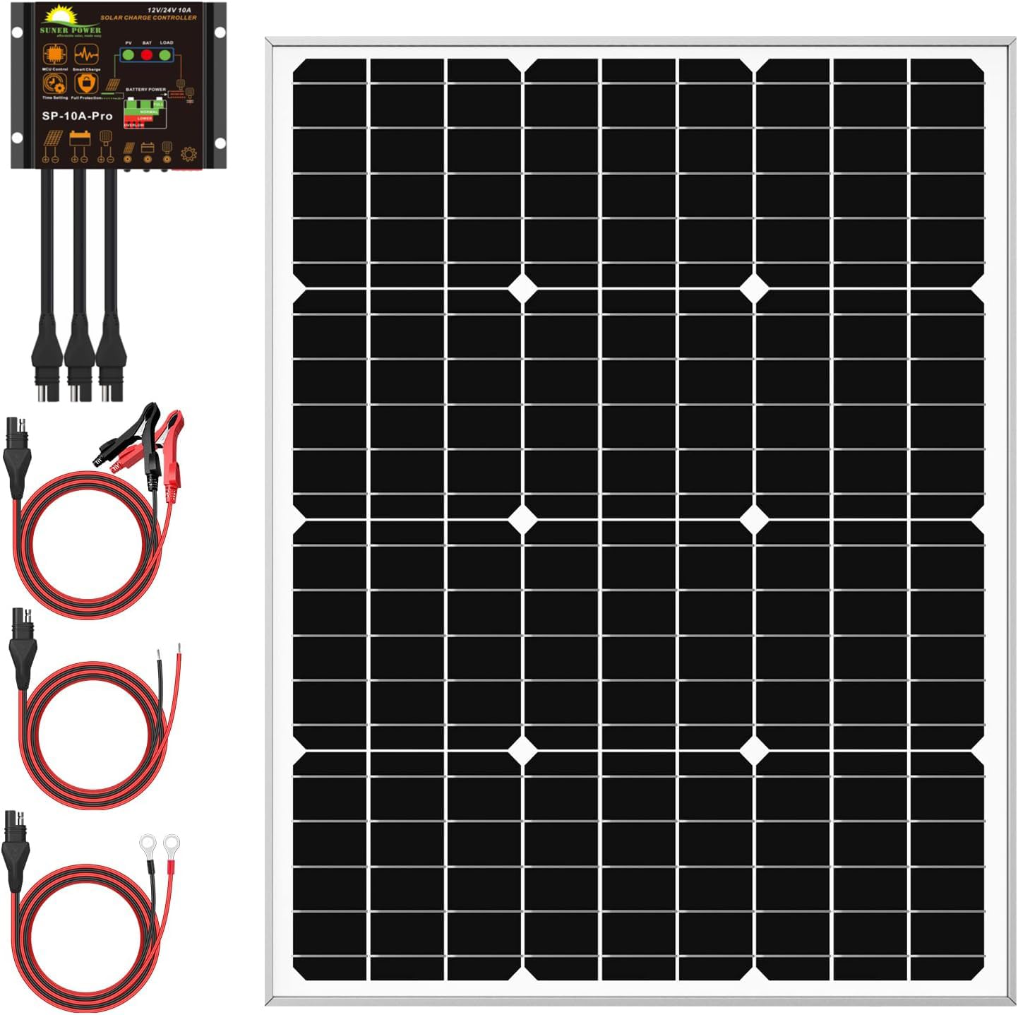 SUNER POWER 12V 50W Solar Panel Kit with Waterproof 10A Charge Controller - High Efficiency Solar Battery Charger for Boat, Car, RV, Motorcycle & Marine Use - Perfect for Off-Grid Power & Outdoor Adventures