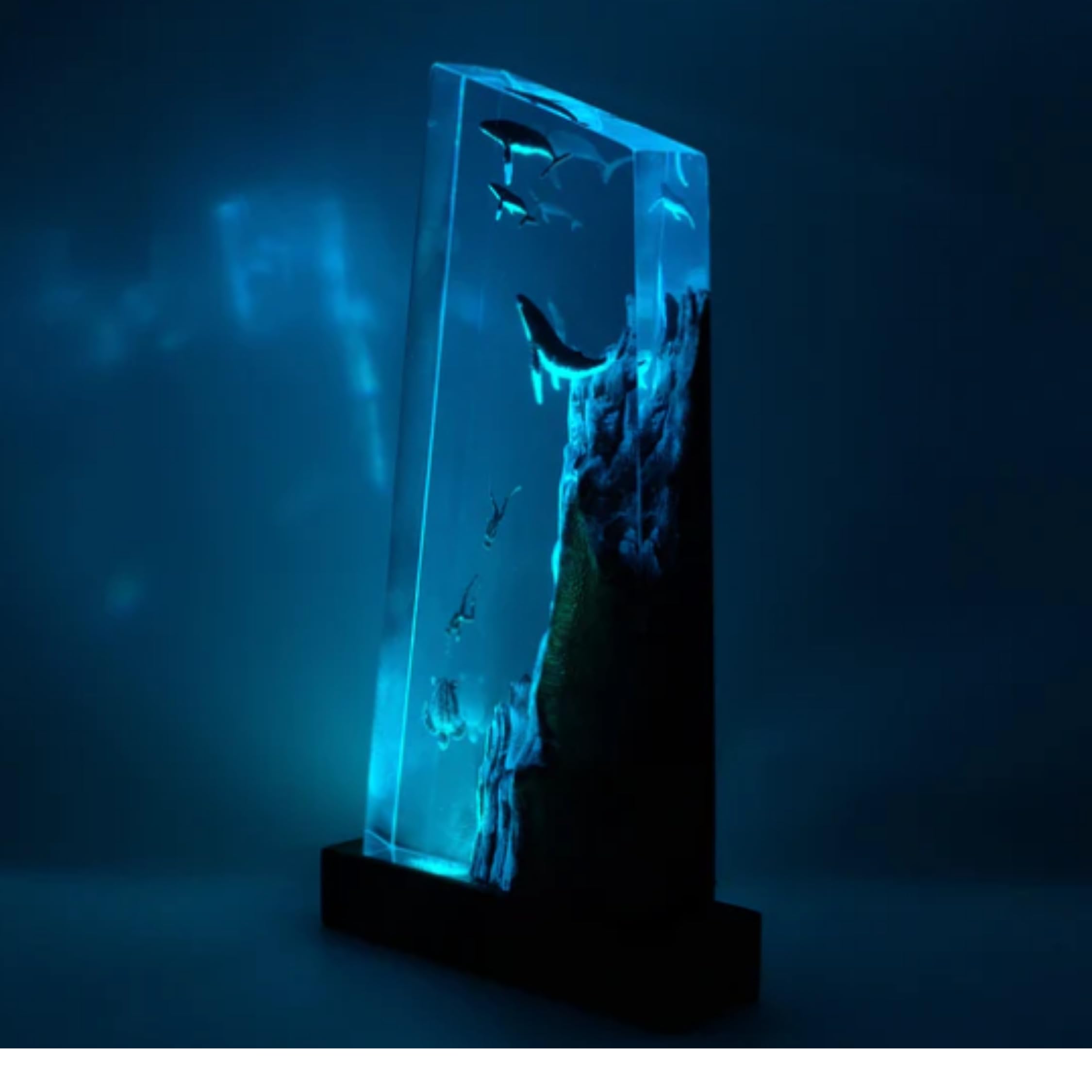 Handmade Epoxy Resin Lamp - Humpback Whales, Divers & Turtle Ocean Theme Diorama - 8x4 Inch Scuba Gift, Night Light for Bedroom, Living Room & Office Decor