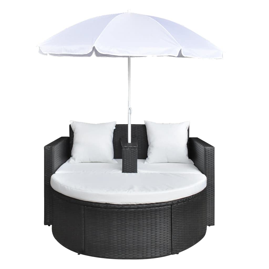 SKM Black Poly Rattan Patio Bed with Parasol - Perfect for Outdoor Lounging, Poolside Relaxation, and Garden Sunbathing