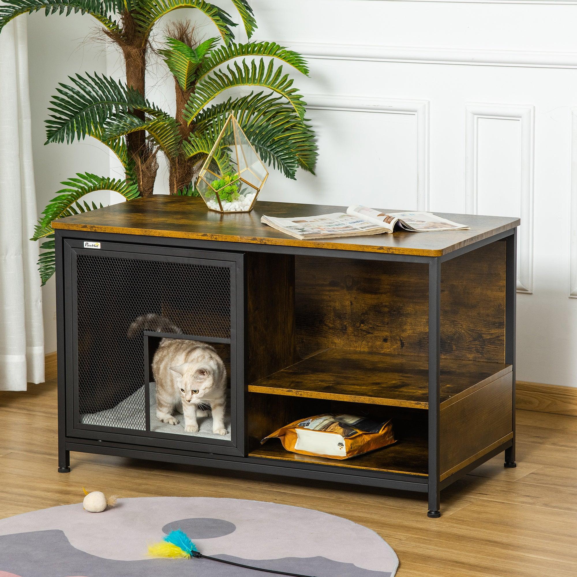 Stylish Wood & Steel Pet House - Cat Kennel & Dog Cage with Cushion, Sliding Doors - Rustic Brown End Table for Living Room, Bedroom Decor