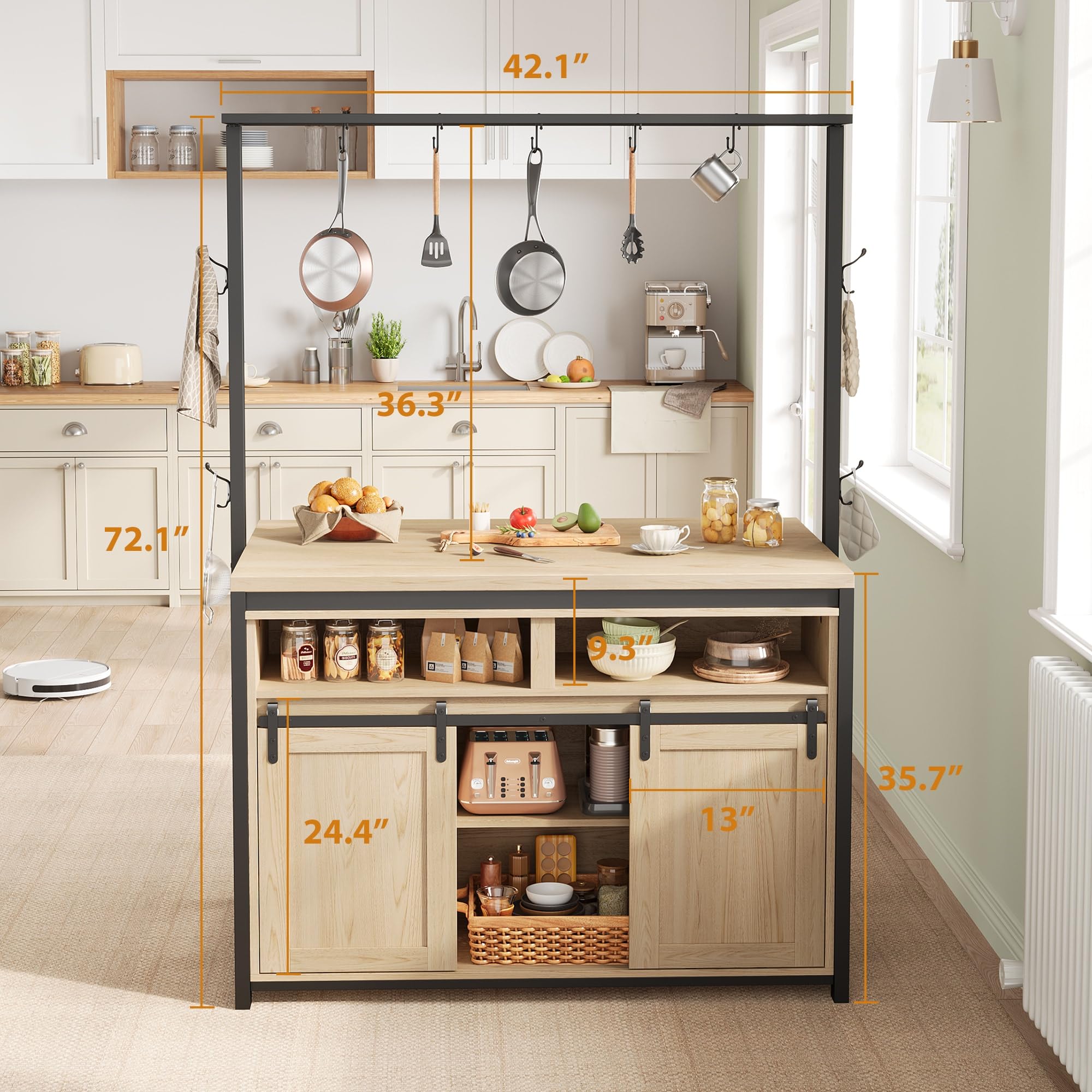 GAOMON Wooden Kitchen Island with Sliding Barn Door - Heavy Duty Large Kitchen Cabinet with 4 Hooks & Storage | Multi-Functional Bakers Rack for Dining Room & Kitchen | Perfect for Entertaining, Food Prep & Extra Storage Space