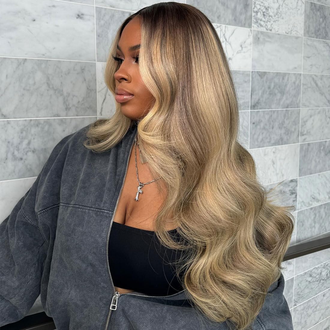 13x4 HD Ombre Ash Blonde Human Hair Lace Front Wig - 180% Density Body Wave Pre-Plucked Glueless Lace Frontal Wig for Women (26 Inch) | Perfect for Daily Wear, Cosplay & Special Occasions