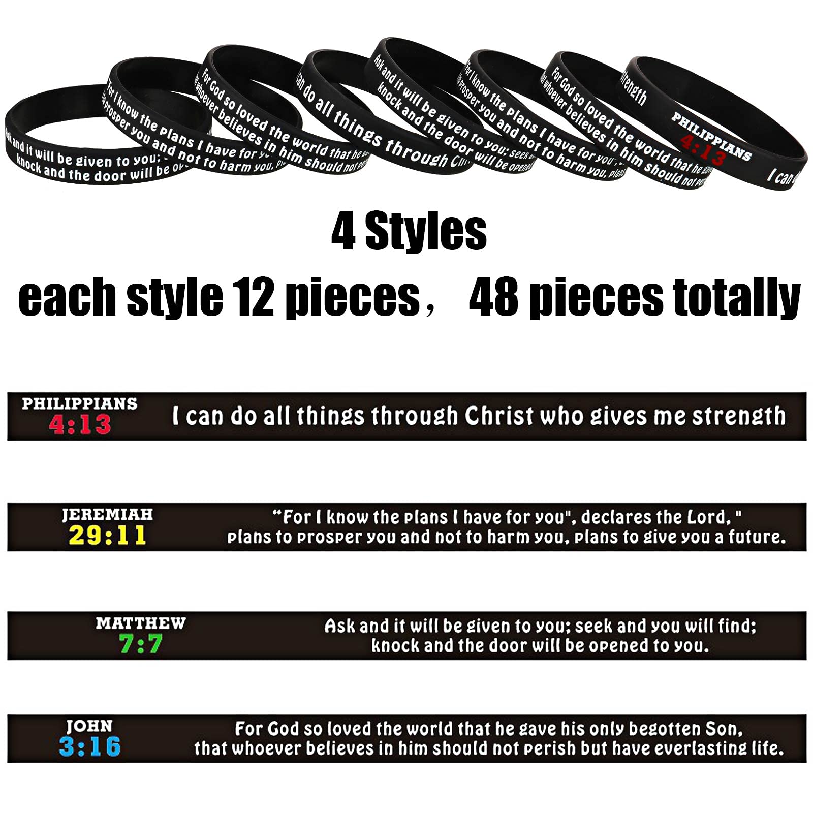 48 Pack Christian Bible Verse Bracelets - Bulk Rubber Silicone Scripture Wristbands with Inspirational Messages of Faith, Hope & Belief - Perfect for Church Groups, Bible Study, Youth Ministry & Christian Gifts