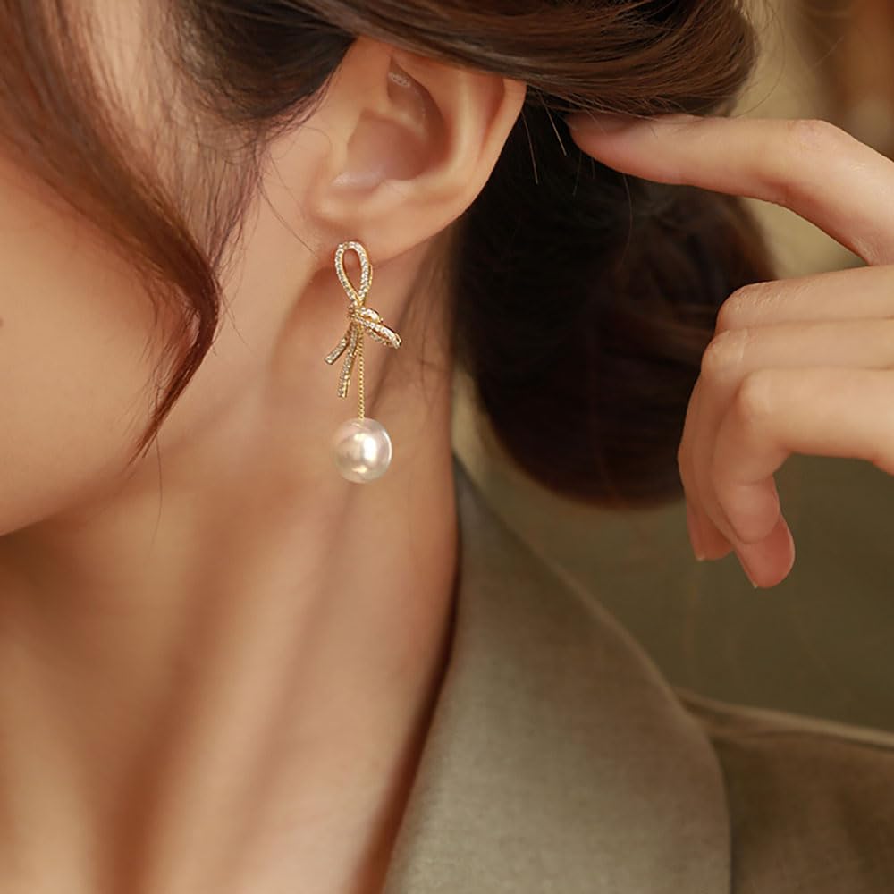Elegant Bow Pearl Earrings for Women - 14K Gold Plated Crystal Bowknot Dangle Drop Earrings, Dainty Statement Jewelry Gift for Her - Perfect for Weddings, Parties & Special Occasions