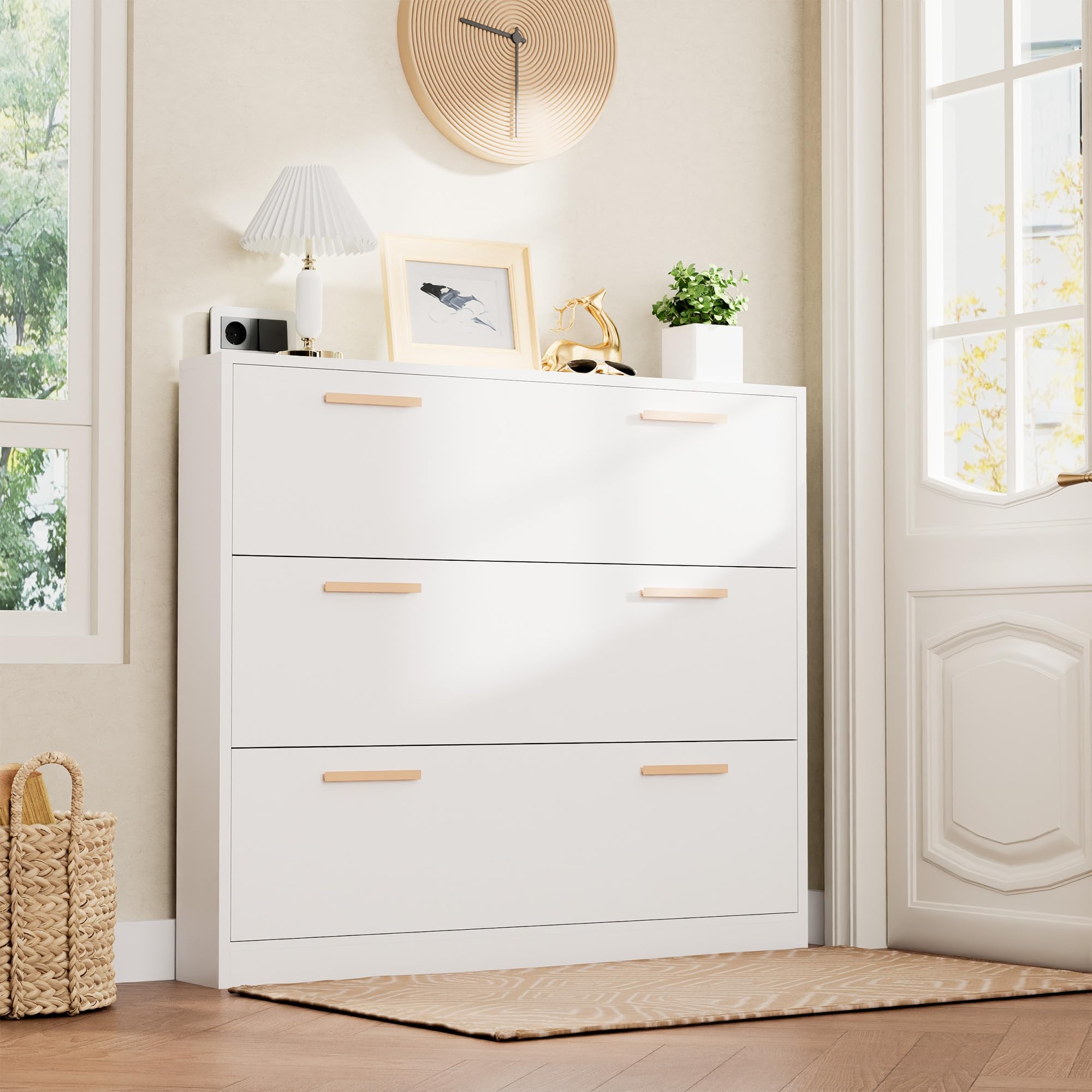 Cozy Castle 3-Tier Flip Drawer Shoe Cabinet with Anti-Tip Design - Slim Space-Saving Entryway Shoe Storage Organizer for Hallway, Living Room & Bedroom - White Modern Shoe Rack for Small Spaces