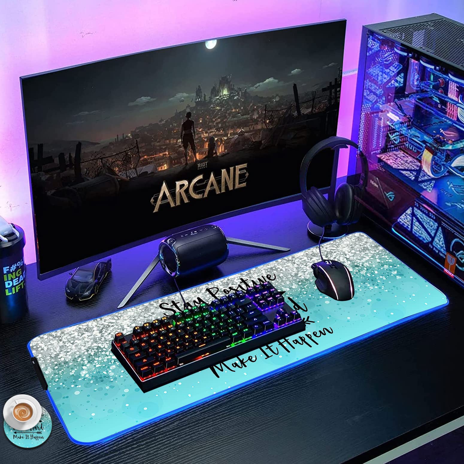 RGB LED Gaming Mouse Pad - Large Non-Slip Desk Mat with Optical Waterproof Surface for PC, Computer, Keyboard & Office Setup | Perfect for Gamers, Programmers & Esports Enthusiasts | Motivational Blue Light-up Design with 