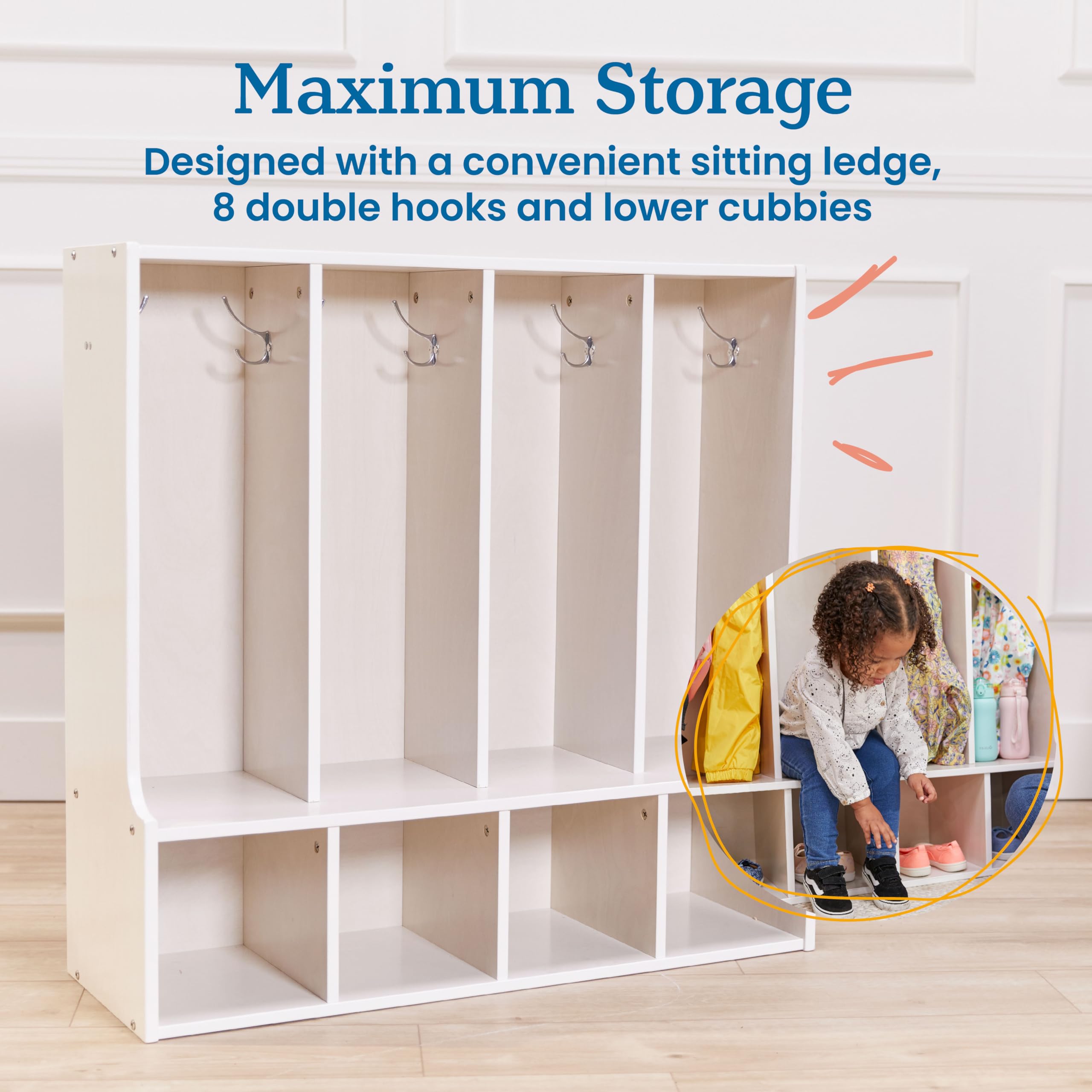 ECR4Kids White Wash 4-Section Toddler Coat Locker with Bench - Kids Furniture for Daycare, Preschool & Home Organization