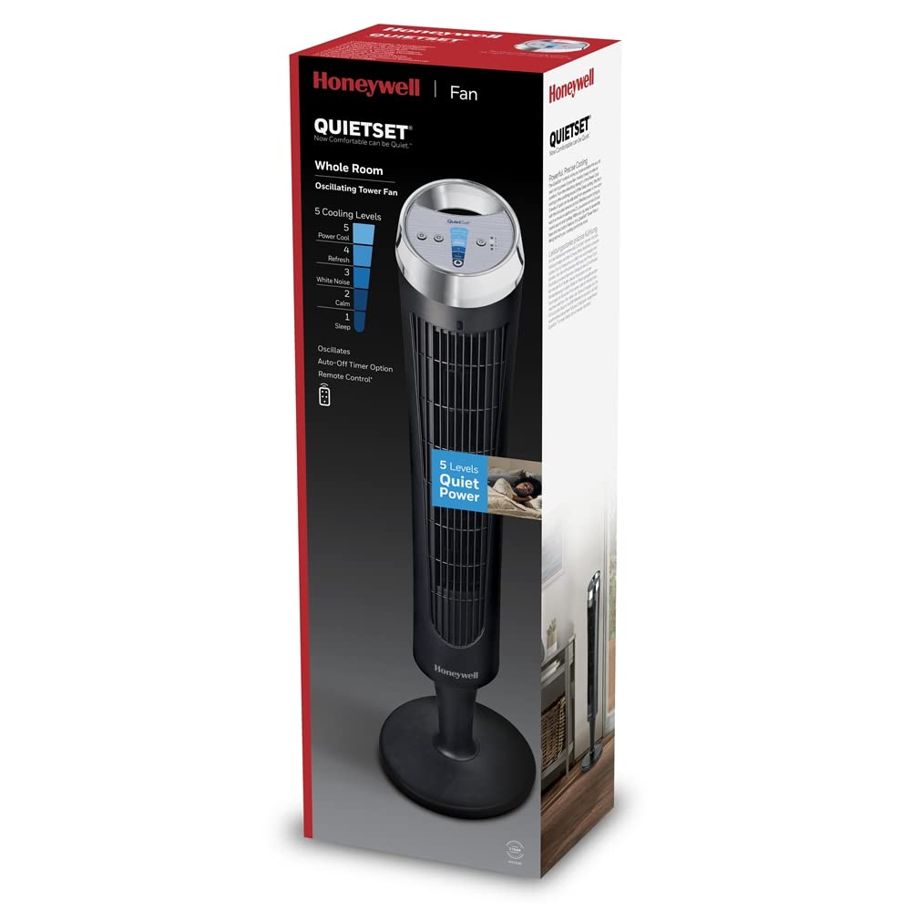 Honeywell QuietSet Tower Fan with Remote Control - 5 Speed Settings, 75° Oscillation, Timer Function - Ideal for Bedroom, Office & Living Room Cooling