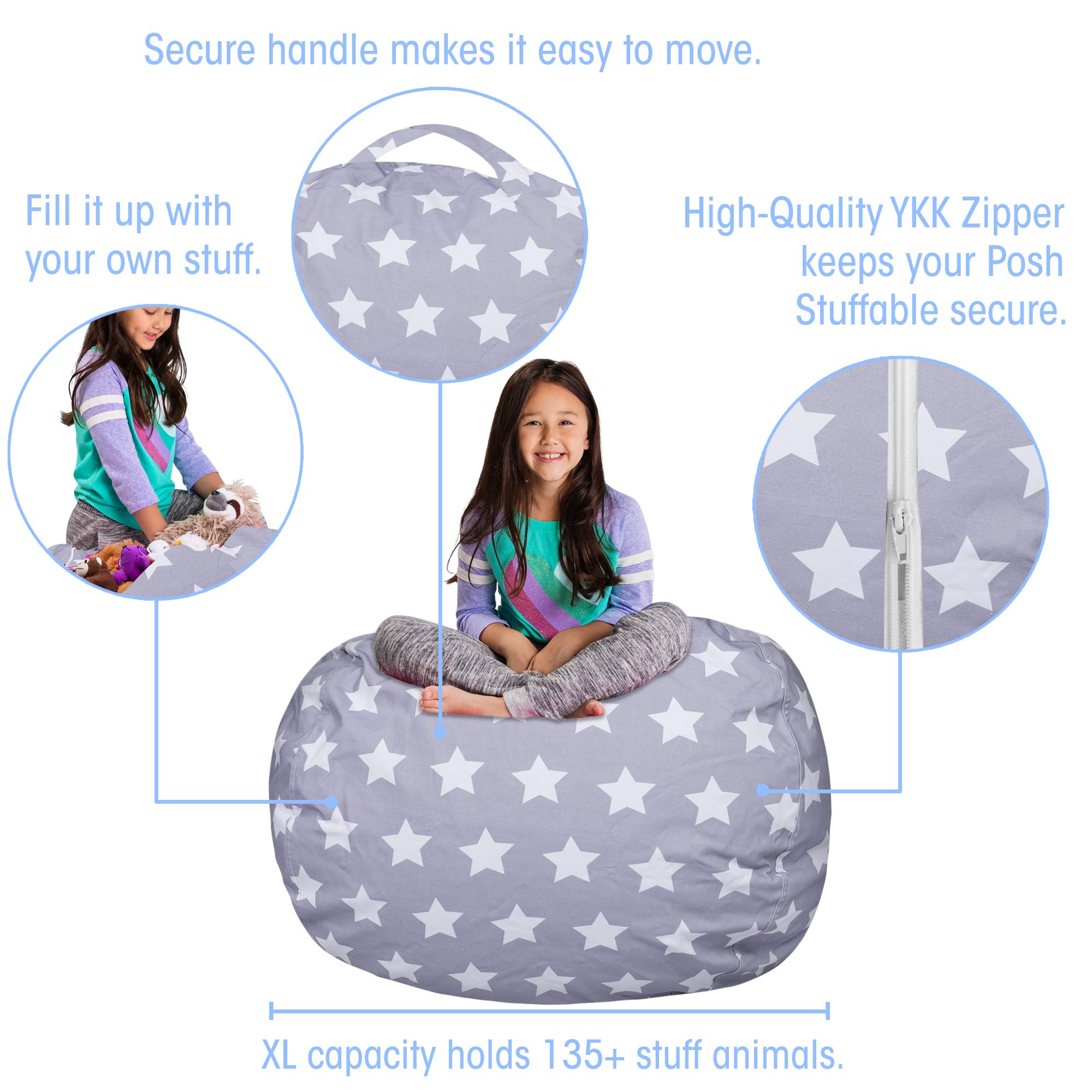 Posh Creations Kids Stuffed Animal Storage Bean Bag Chair Cover - XL 48in Toy Organizer for Children's Room, Gray with White Stars Canvas - Perfect for Playroom, Bedroom & Nursery Organization