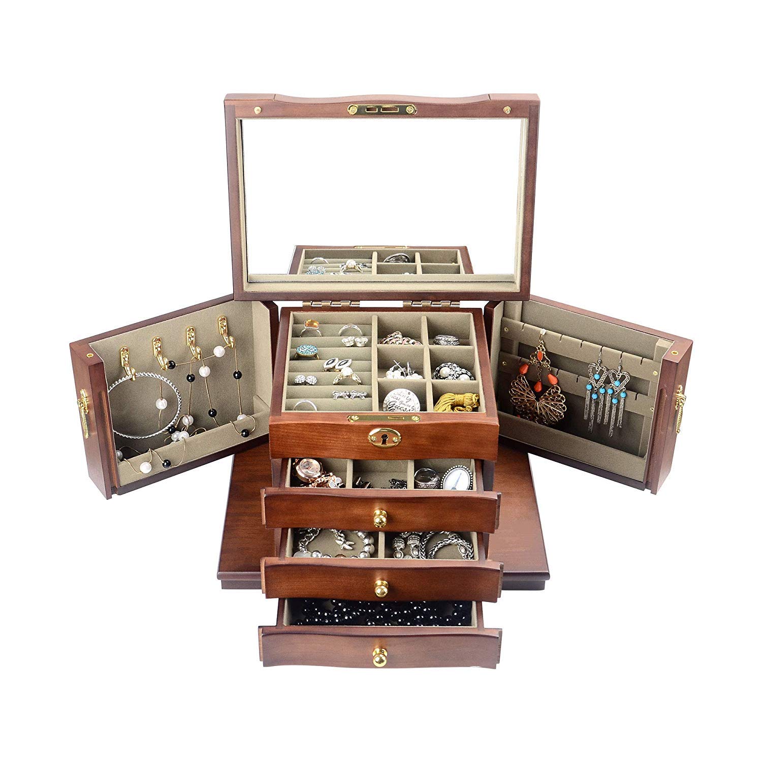 Premium Hardwood Large Jewelry Box for Women - Solid Wood Vintage Jewelry Organizer with Mirror & Lock - Elegant Jewelry Storage Case WJC03HT - Perfect for Home, Travel & Gift Giving
