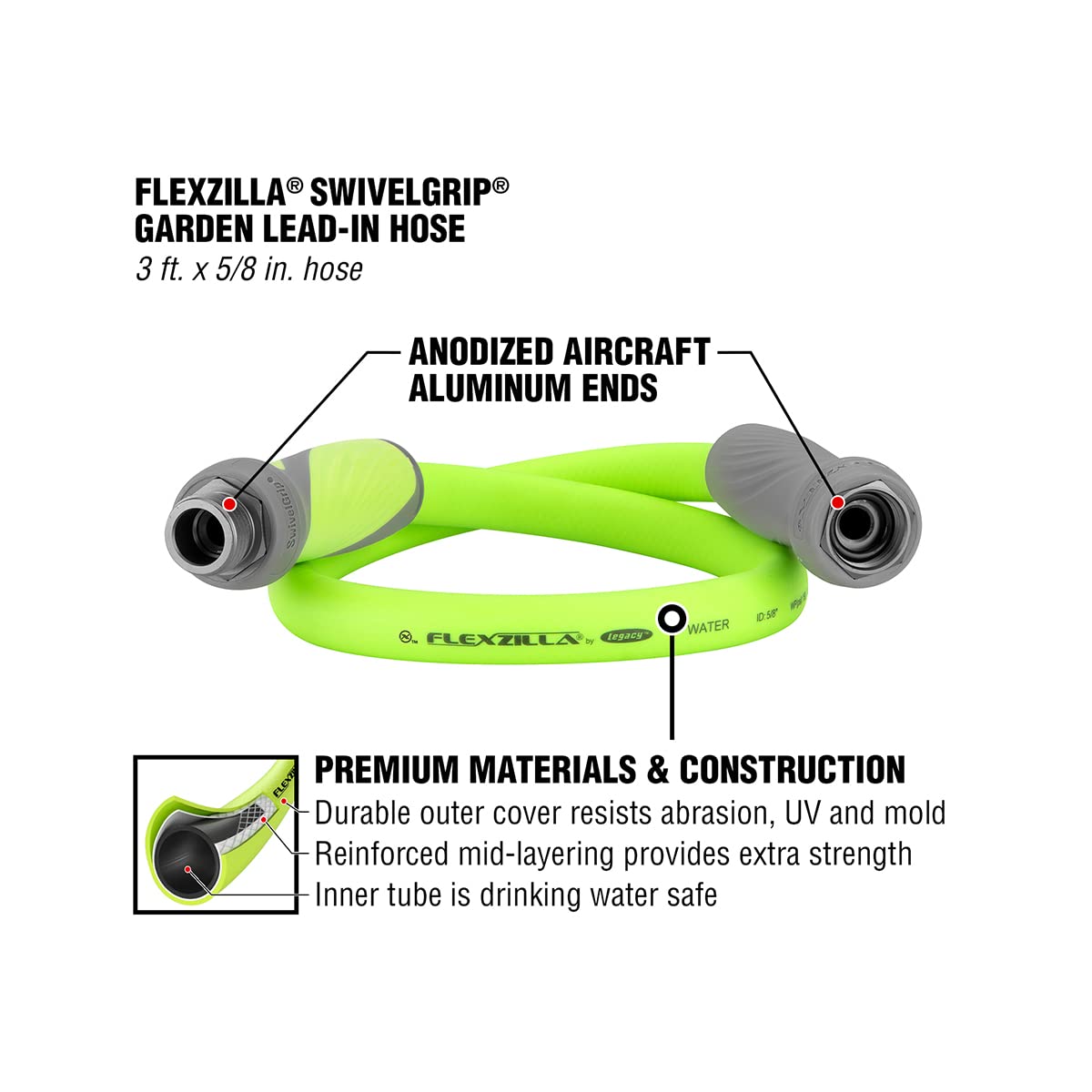 Flexzilla 5/8 in. x 3 ft. Heavy Duty Garden Hose - Lightweight, Drinking Water Safe, SwivelGrip, ZillaGreen (HFZG503YWS-E) - Perfect for Lawn Care, Gardening & Outdoor Watering