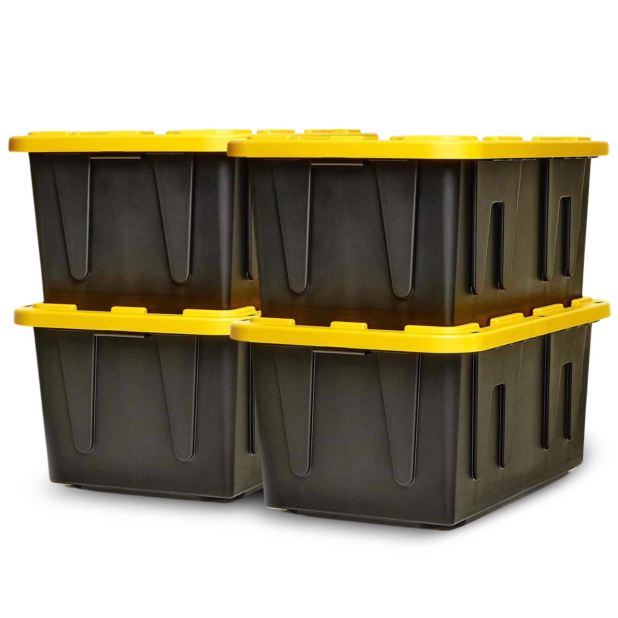HOMZ 4-Pack 27 Gallon Heavy Duty Plastic Storage Bins with Lids - Durable Black/Yellow Containers for Home Organization, Garage Storage & Moving Supplies