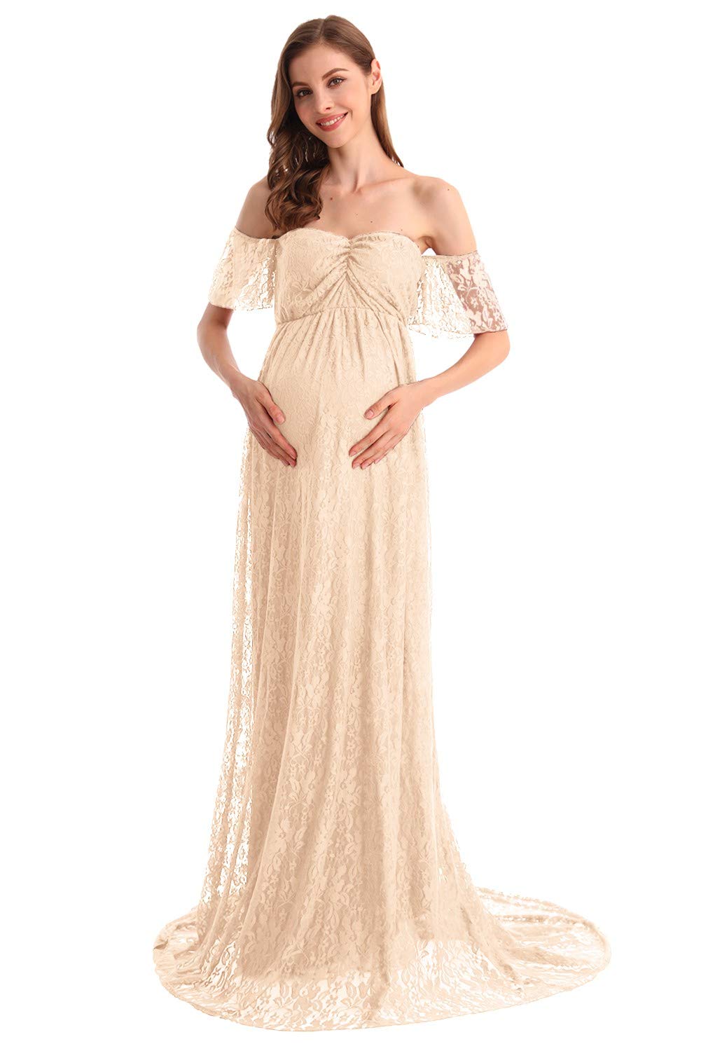 HIHCBF Women's Bohemian Lace Maternity Wedding Dress - Off-Shoulder Ruffle Sleeves for Baby Shower, Pregnancy Photo Shoot & Bridal Gown | Perfect for Beach Weddings, Maternity Photography & Special Occasions