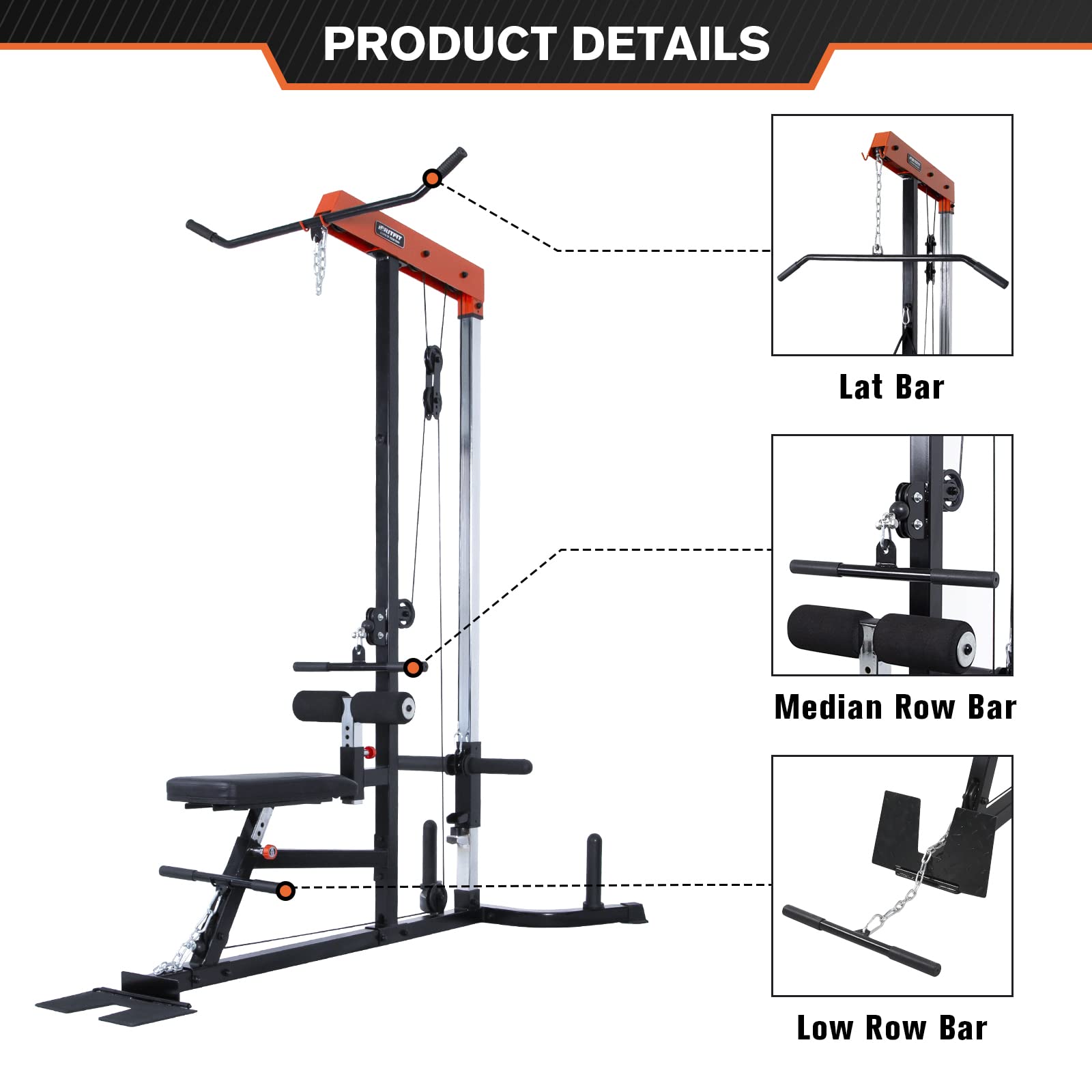 RitFit LAT Pull Down and Low Row Cable Machine - Adjustable Pulley System with Seat & Knee Support for Home Gym Strength Training | Perfect for Back Workouts, Arm Exercises and Full-Body Training