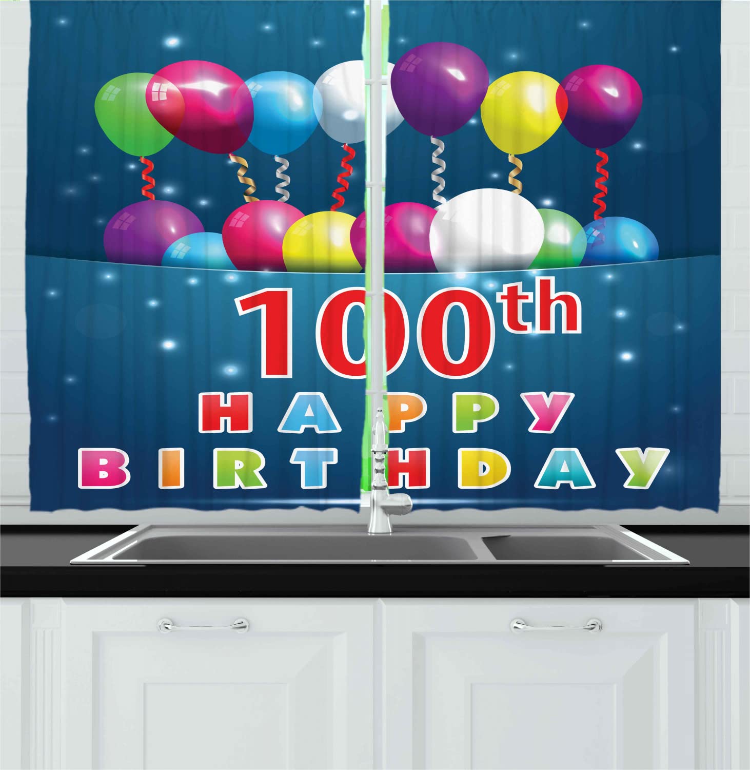 Ambesonne 100th Birthday Kitchen Curtains - Colorful Balloons & Star Dots Design, 100 Years Celebration Drapes, 2 Panels with Rod Pocket, 55