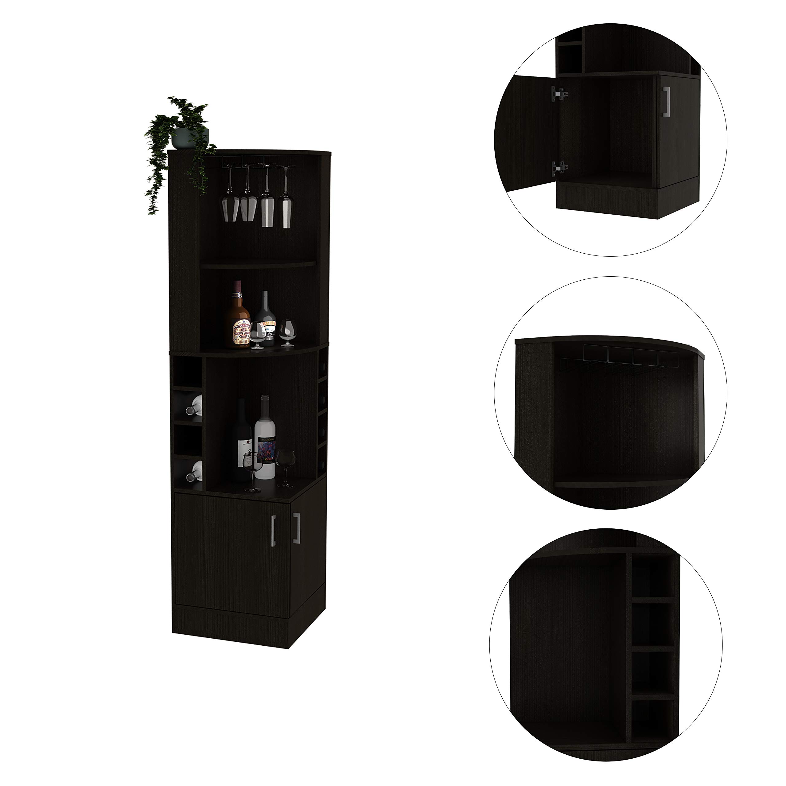 Seattle Corner Bar Cabinet - Black with 3 Open Shelves, Glass Rack, 8 Bottle Storage & Double Doors | Perfect for Home Bar, Kitchen or Dining Room Organization