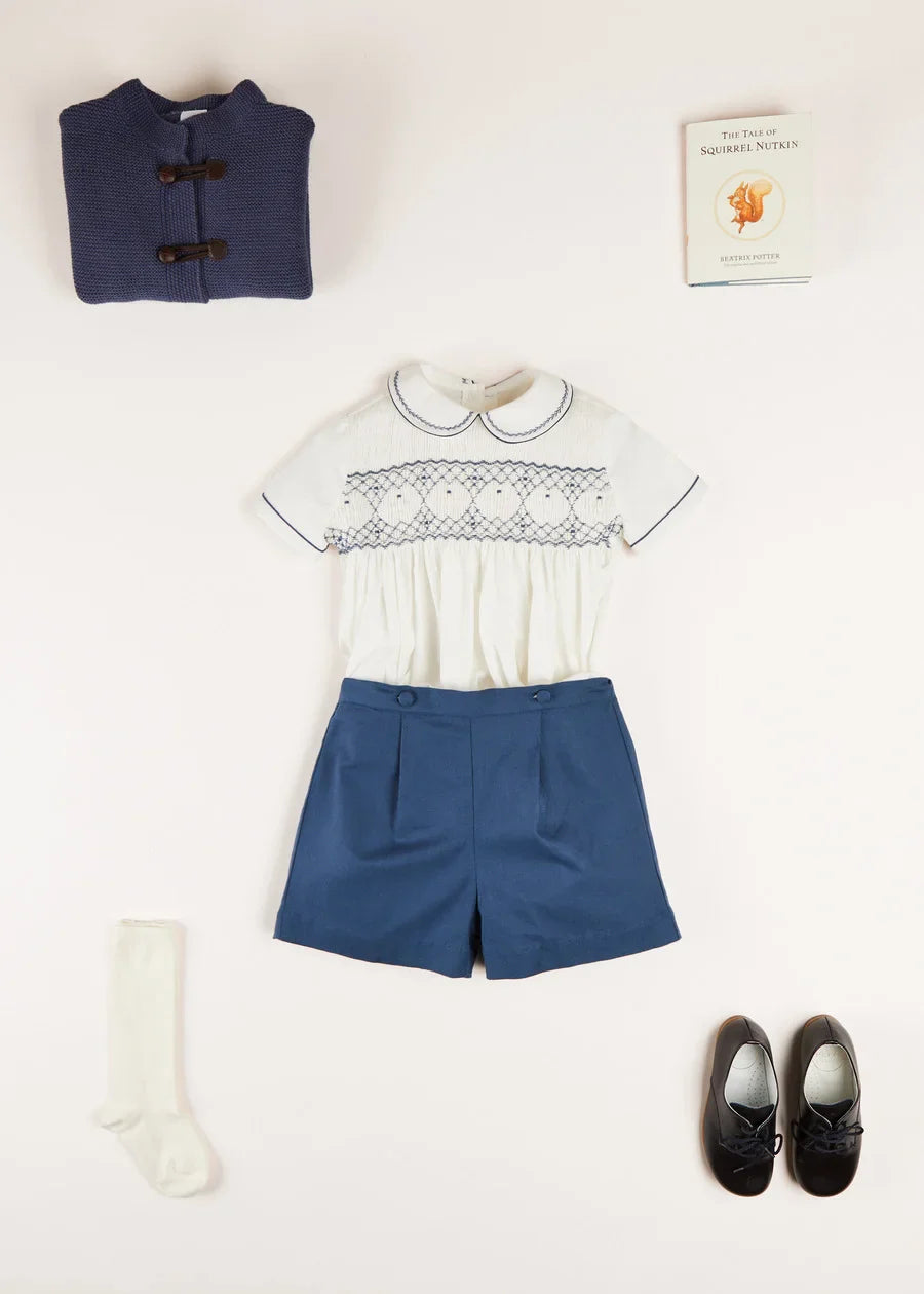French Blue Hand-Smocked Two-Piece Baby Boy Outfit – Elegant & Comfortable for Special Occasions, Photos & Family Gatherings