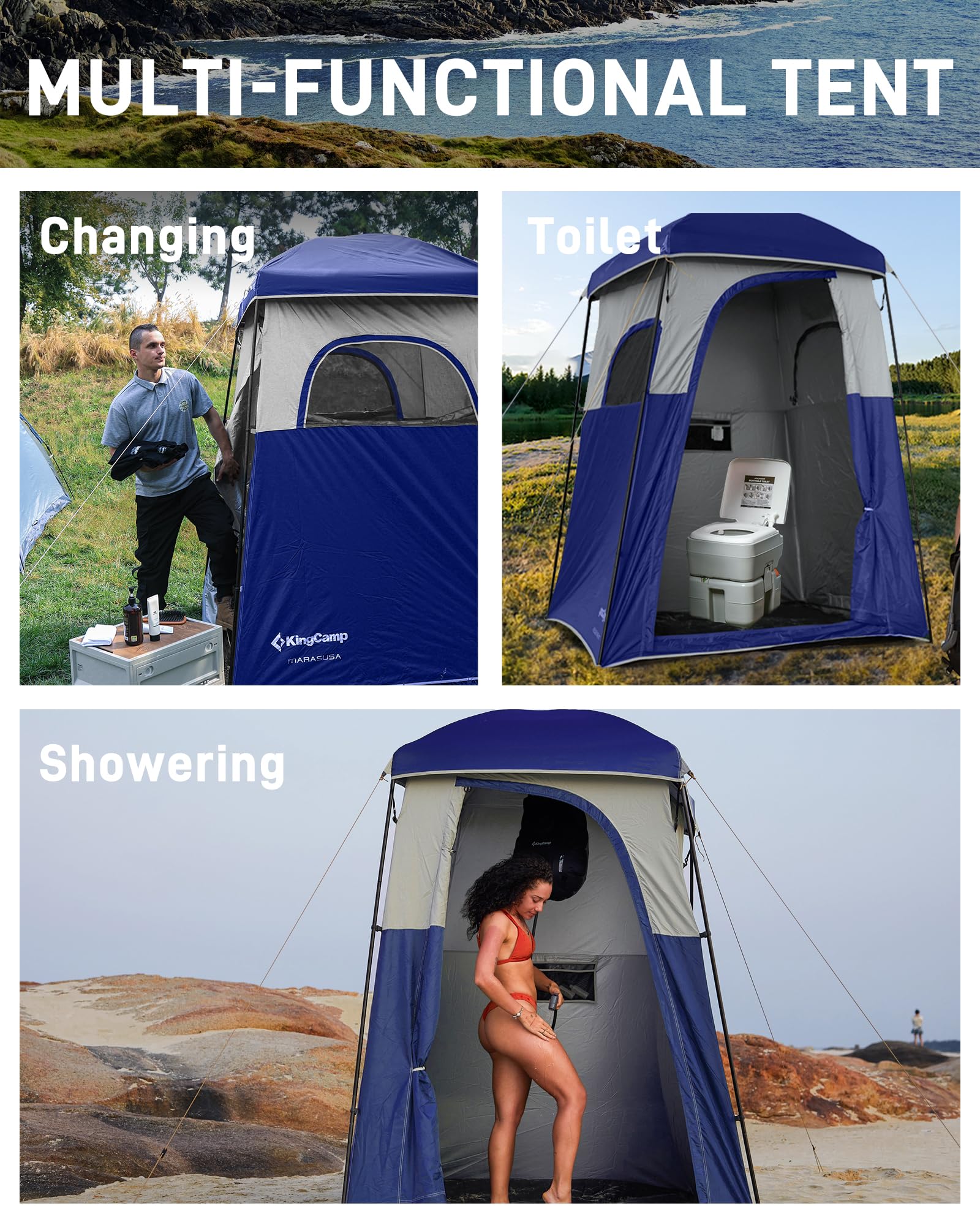 KingCamp Oversized Camping Shower Tent - Portable Privacy Shelter for Outdoor Showers & Changing Room | Includes Shower Bag | Easy Setup (1 or 2 Room Options) | Perfect for Camping, Hiking, Beach & RV Trips