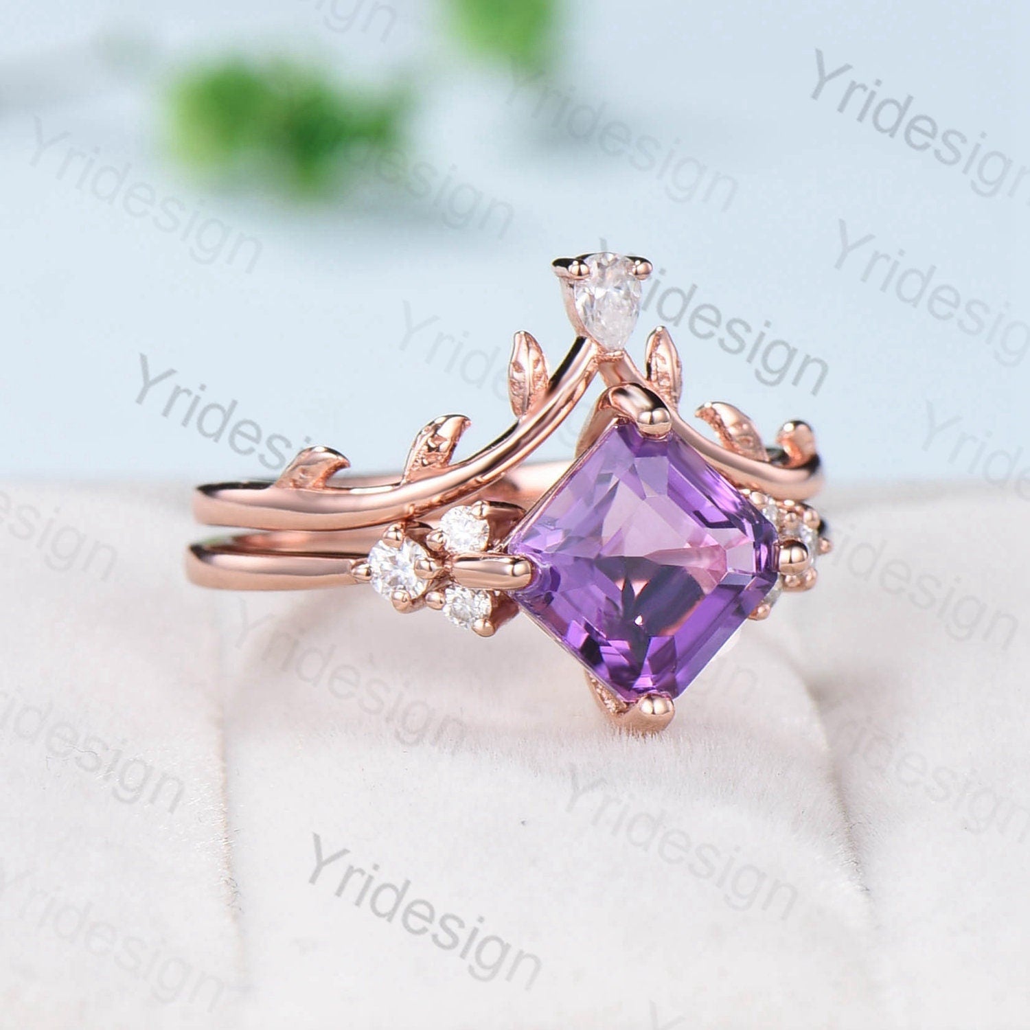 7mm Asscher Cut Amethyst Wedding Ring Set with Moissanite Accents - Nature Inspired Leaf Branch Bridal Jewelry for Women - Perfect for Engagement, Wedding & Anniversary Gifts