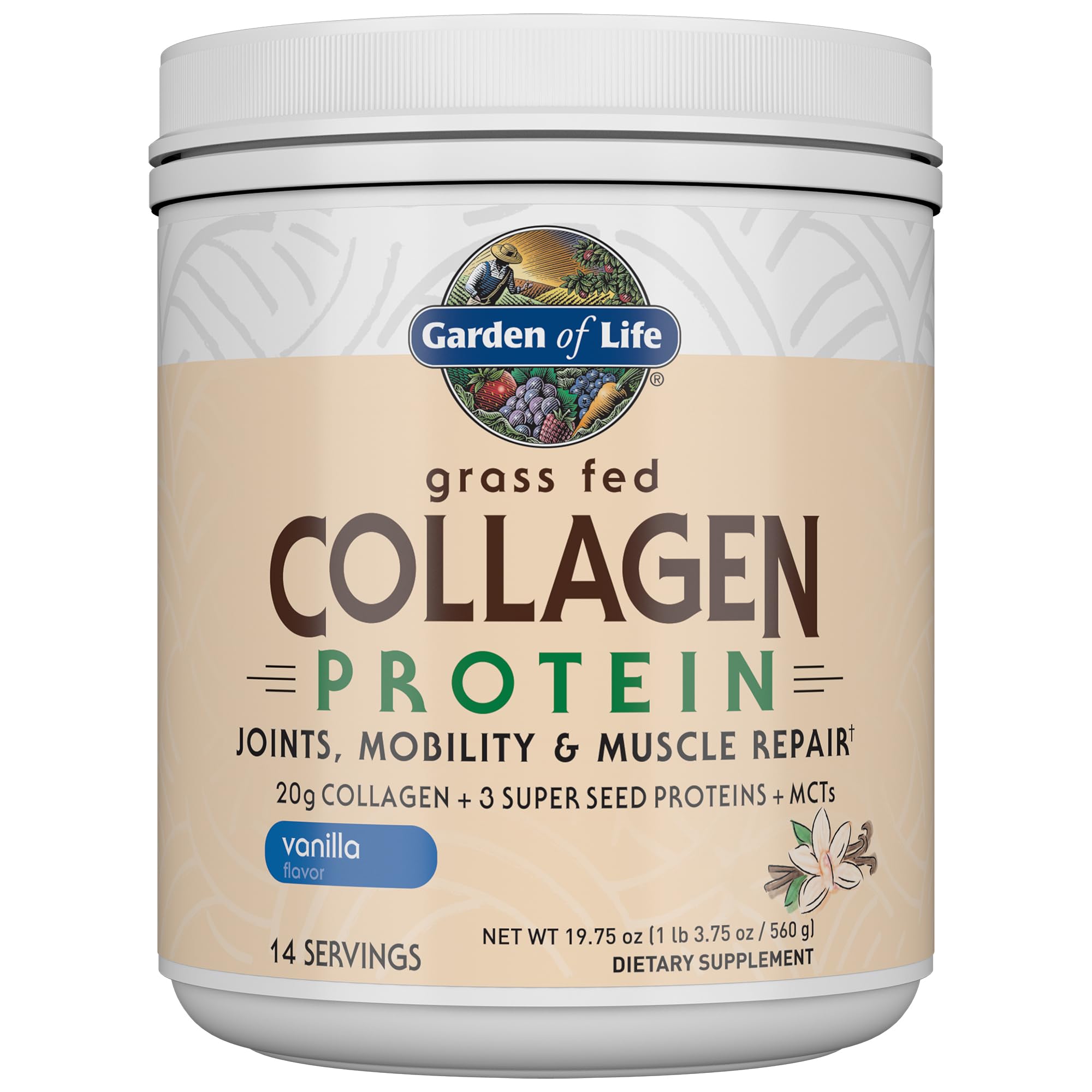 Garden of Life Grass Fed Collagen Protein Powder - Vanilla Flavor, 14 Servings | Hydrolyzed Collagen Peptides Supplement for Joint Support, Muscle Recovery & Skin Health | With Super Seeds & Coconut MCTs | Perfect for Post-Workout Shakes, Smoothies & Daily Wellness Routine