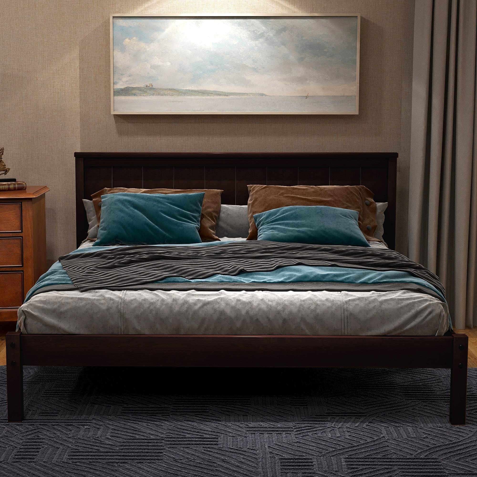 Wood Platform Bed Frame with Headboard - Full Size Espresso for Bedroom
