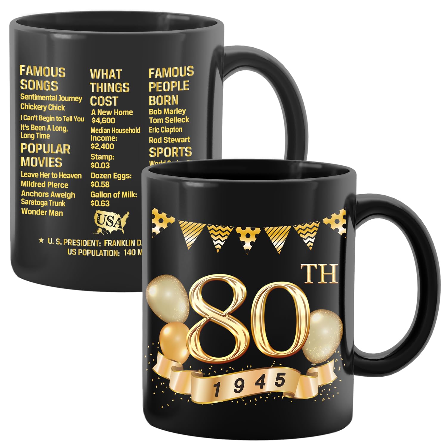 80th Birthday Gifts for Men & Women - Unique 1945 Themed Present Ideas for 80 Year Olds - Personalized Coffee Mug for 80th Birthday Celebration - Perfect Retirement, Anniversary & Milestone Gift for Grandparents