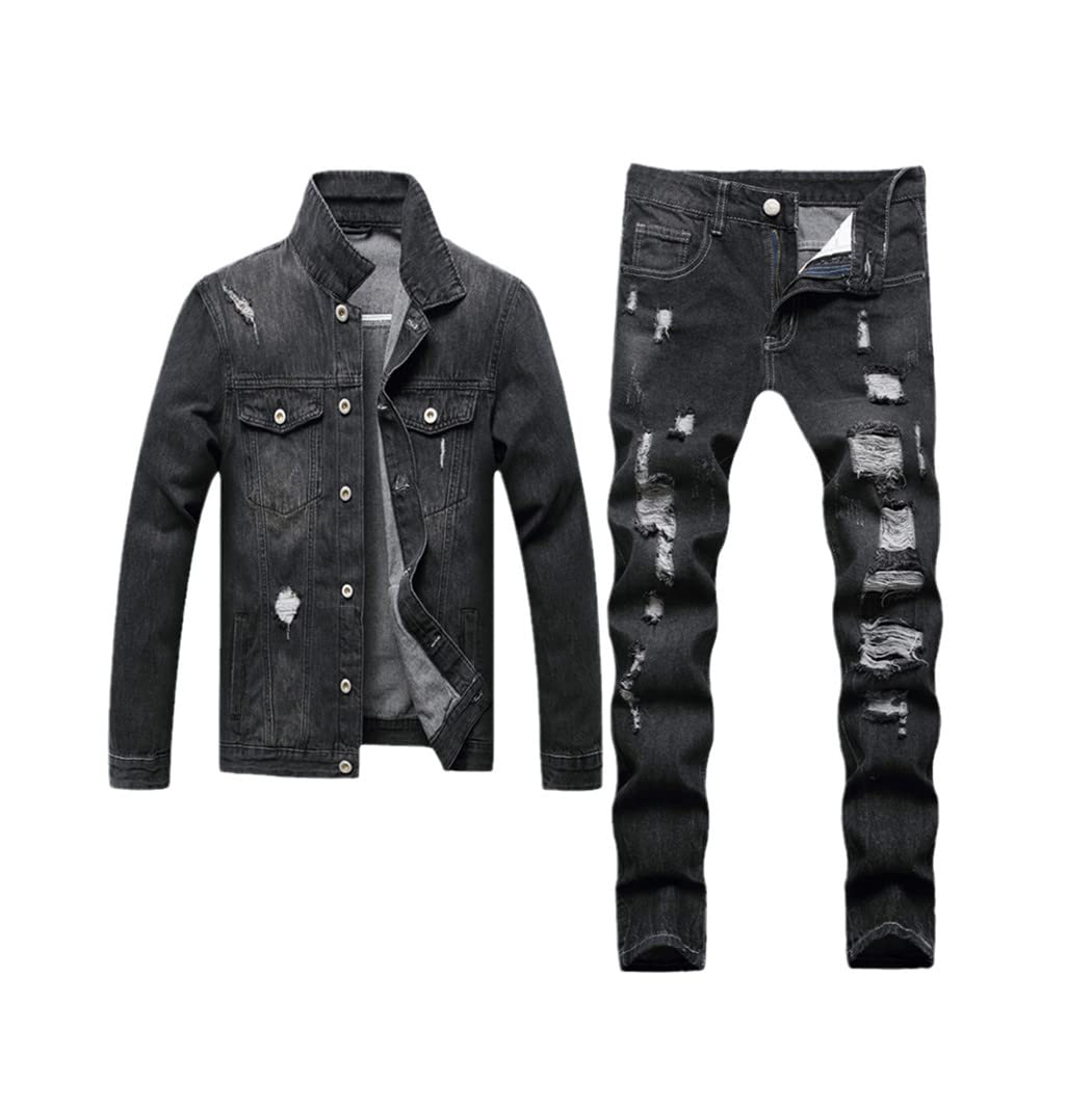 **Men's Black Ripped Jeans Set - Distressed Denim Jacket & Hole Pants for Casual Wear | Summer & Autumn Outfit | Street Style & Everyday Fashion**