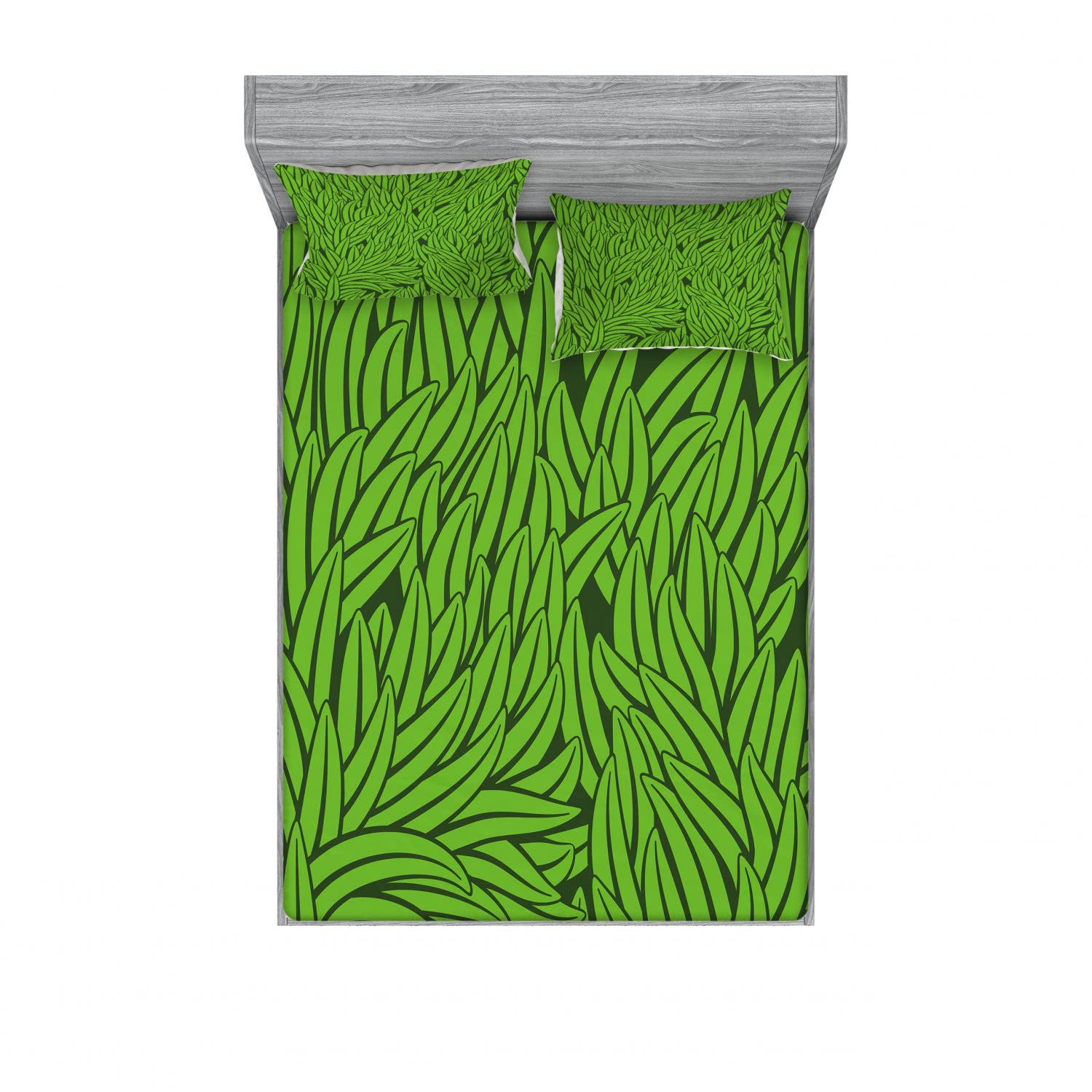 Ambesonne Green 2-Piece Fitted Sheet & Pillow Sham Set - Grass Growth Abstract Design, 4-PC Bedding Set Includes 2 Queen Size Fitted Sheets & 4 Standard Pillowcases in Lime Green & Emerald - Perfect for Guest Rooms, Dorm Decor & Modern Bedroom Makeover