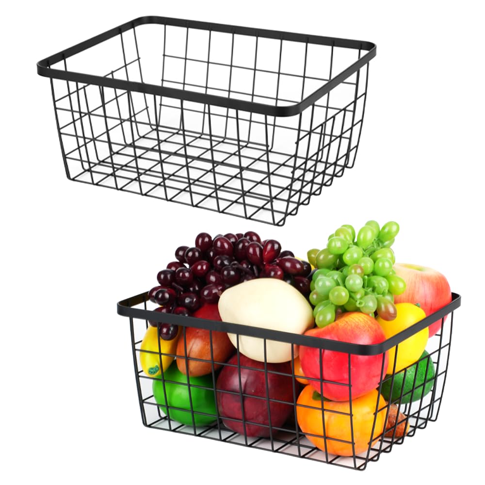 Stainless Steel Wire Baskets with Handles - 2 Pack Black Kitchen Organizer for Food Storage, Refrigerator, Pantry, Cabinet & Bathroom - Perfect for Fruits, Vegetables, Spices & Toiletries Organization