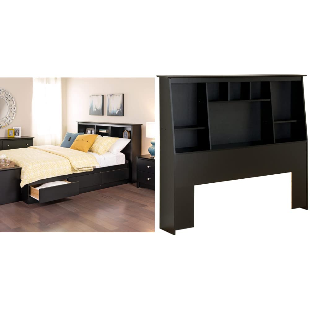 Prepac Mate's Full Size Platform Storage Bed with 6 Drawers & Tall Slant-Back Bookcase Headboard - Black - Perfect for Small Bedrooms & Dorm Rooms (Full/Queen Size)