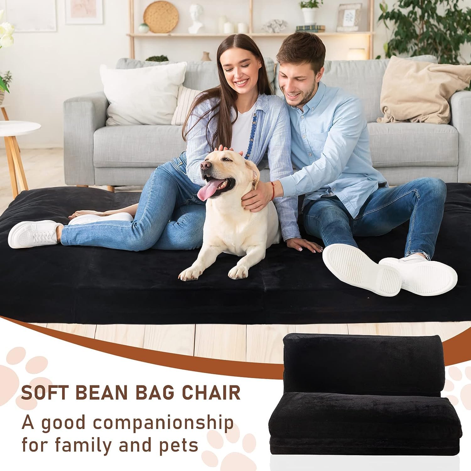 MAXYOYO Extra Thick 30x95 Inch Faux Fur Bean Bag Bed - Foldable Sofa Bed & Floor Mattress for Adults, Washable Cover, Single Floor Couch for Bedroom & Living Room (Black) | Perfect for Lounging, Gaming & Small Space Living
