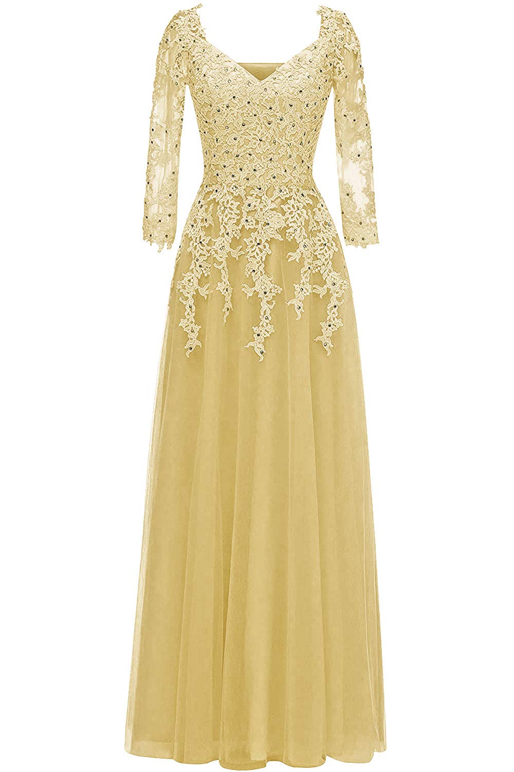 Elegant Mother of The Bride Dress - Long Formal Evening Gown with V-Neck, 3/4 Sleeves & Lace Applique Beading | Perfect for Weddings, Galas & Special Occasions