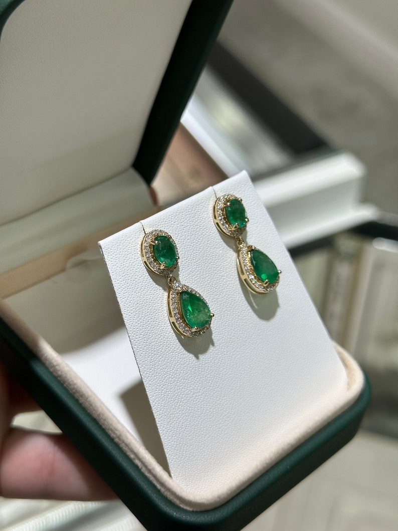 5.40tcw Emerald & Diamond Halo Dangle Earrings - Oval & Pear Cut 14K Gold Jewelry for Women - Perfect for Weddings, Parties & Special Occasions