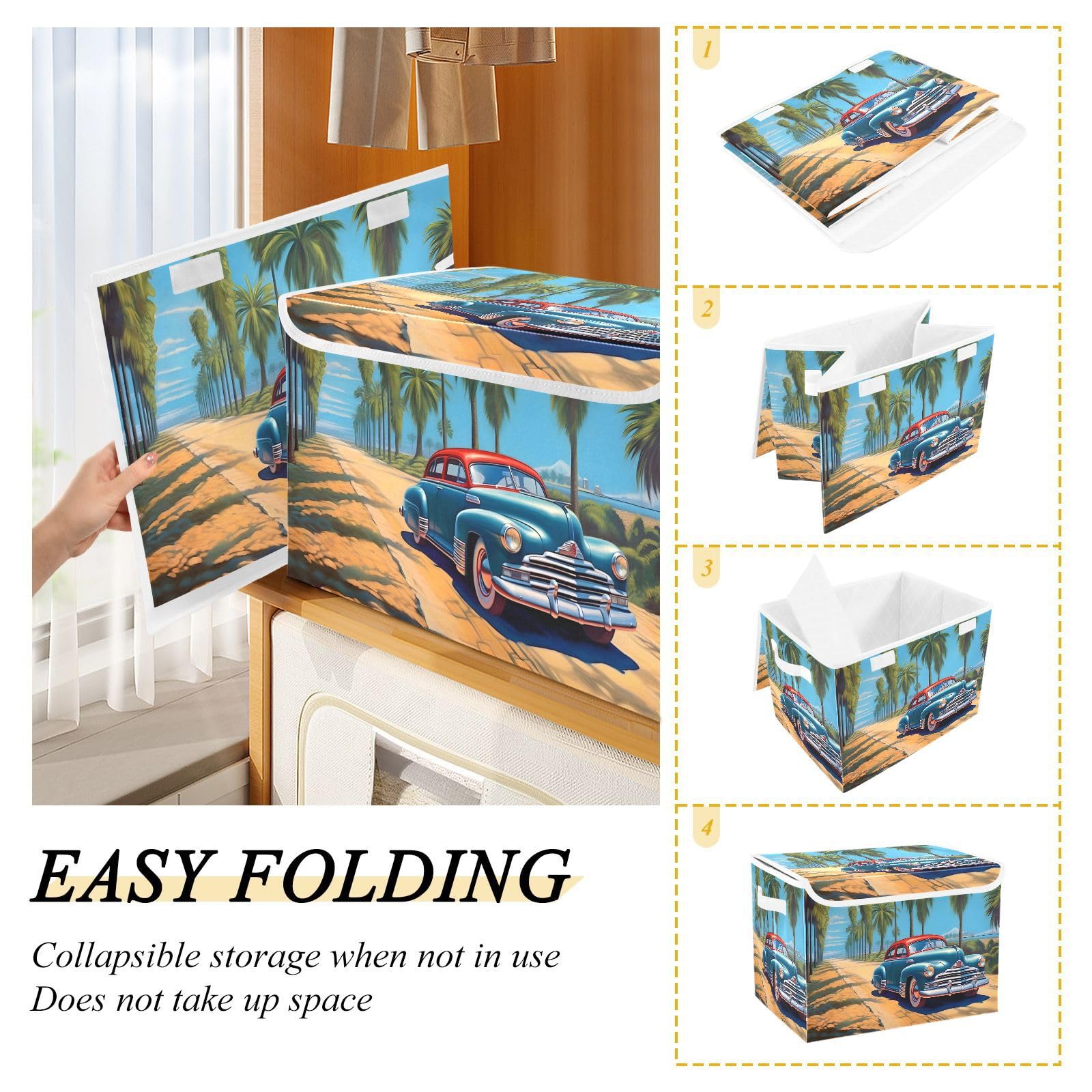 Collapsible Fabric Storage Bins with Lids & Handles - 16.5×12.6×11.8 Inch Foldable Cube Organizer for Beach, Car, Home, Bedroom, Closet & Office - Perfect for Toys, Blankets, Books & Seasonal Decor Storage