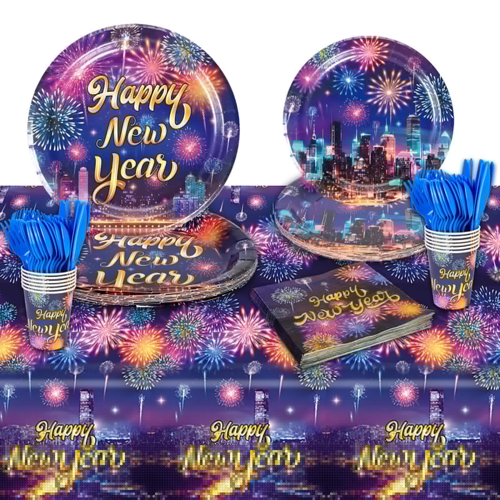 HOWAF 109-Piece Colorful Firework New Year Party Tableware Set for 20 Guests - Gold Glitter Plates, Napkins, Cups, Cutlery & Tablecloth - Perfect for 2025 New Year's Eve Dinner, Birthday Parties & Celebrations