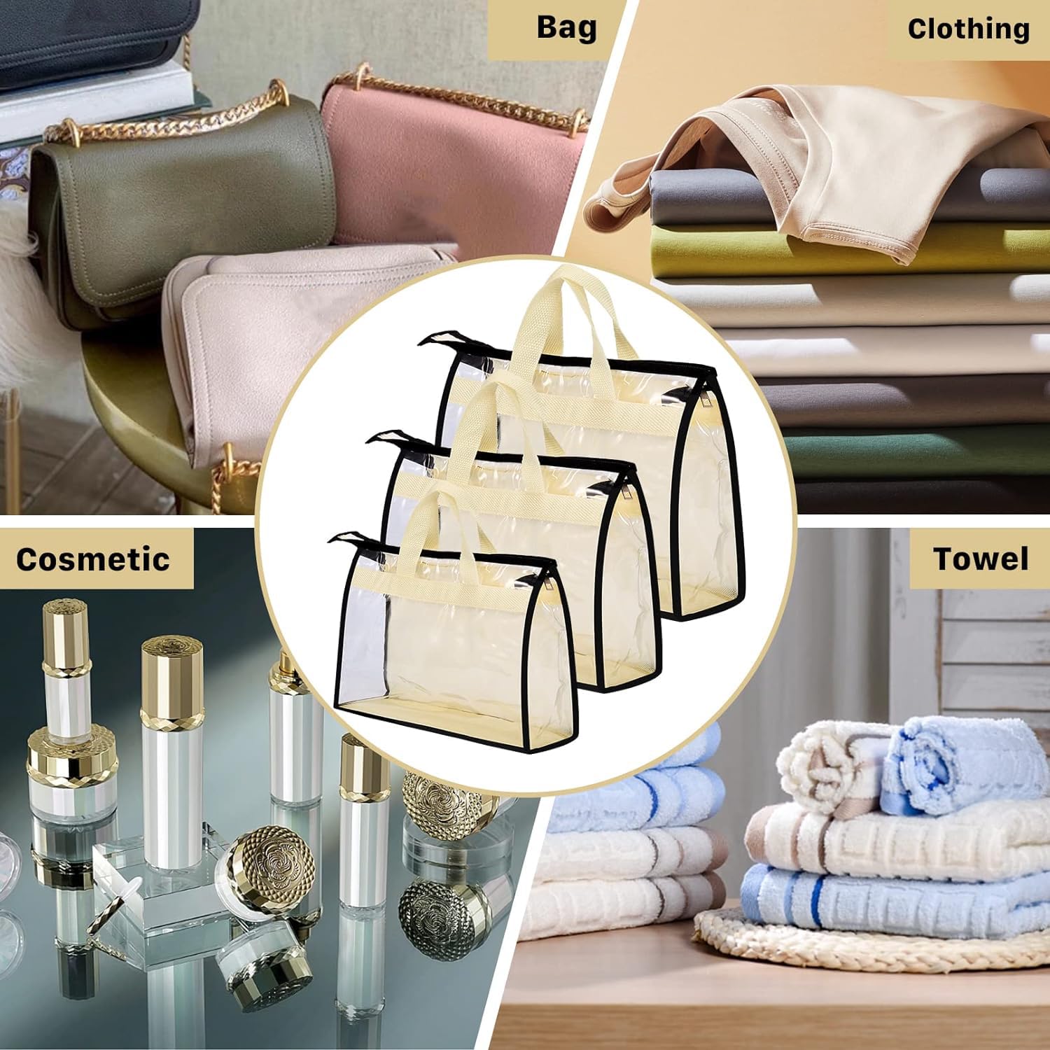 9 Pack Clear Zippered Dust Bags for Purses & Handbags - Waterproof Storage Organizer with Handles & Hooks for Closet Organization - Perfect for Travel, Luxury Bag Protection & Seasonal Storage