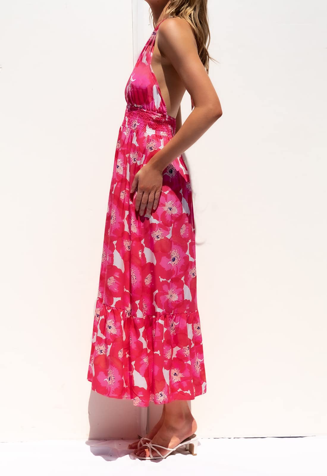 ZESICA Women's 2025 Summer Plaid Halter Neck Sleeveless Backless Maxi Dress - Flowy A-Line Cut Out Design for Beach Vacation, Party & Evening Wear