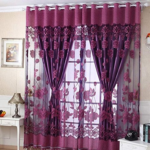 YXWLLN 250x100cm Floral Voile Door Curtain - Purple Sheer Window Panel for Bedroom, Living Room & Room Divider - Light Filtering Scarf for Home Decor & Privacy