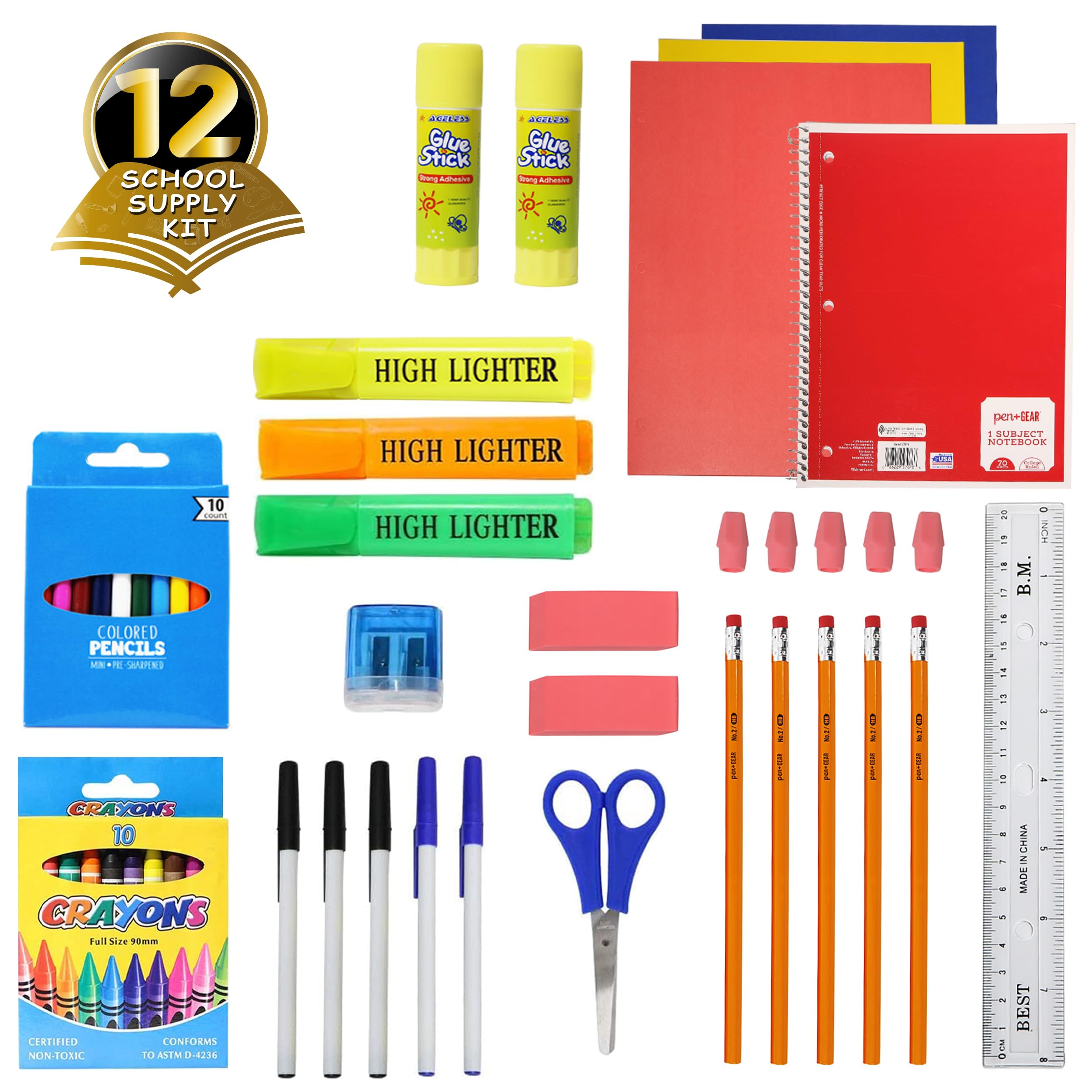 50-Piece Bulk School Supplies Kit - Pens, Pencils, Crayons, Erasers & More - 12-Pack Value Set for Elementary, Middle & High School Students - Perfect for Classroom, Homeschool & Back-to-School Essentials